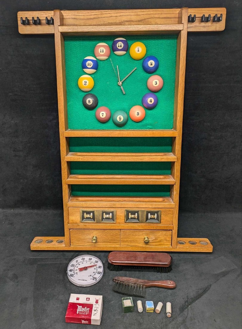 Vintage Billiard Cue Rack Cue Stick Holder Clock: Vintage Billiard Cue Rack Cue Stick Holder Clock. Requires one AA battery (not included). Was tested and it works. The clock backing was replaced and restored. 6-pool cue rack billiard hold