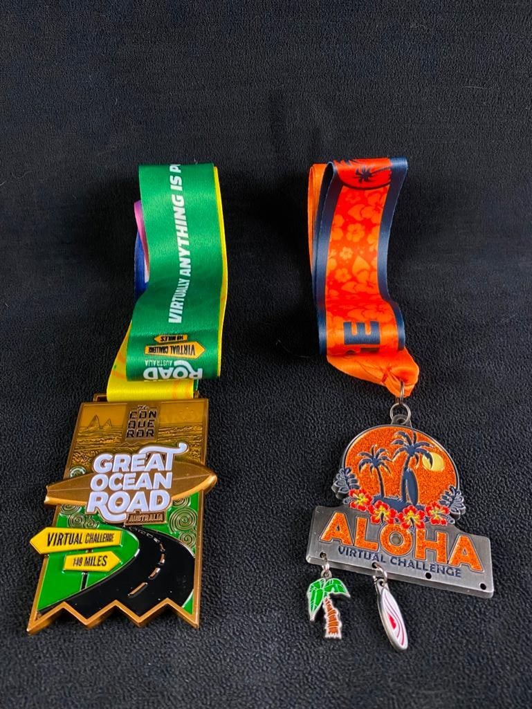 Pair of Virtual Race Medals, Australia & Hawaii JB: Pair of Virtual Race Medals, Australia & Hawaii Medals from two virtual races: The Great Ocean Road Virtual Challenge and Aloha Virtual Challenge. The medals feature colorful designs, cool shapes
