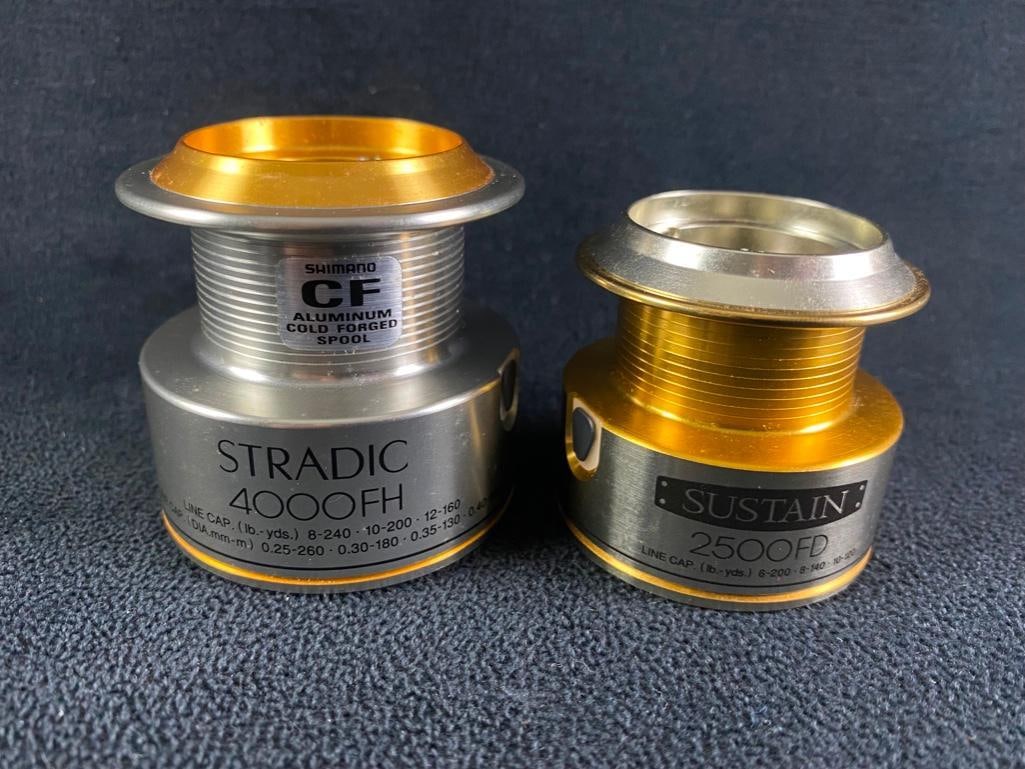 Shimano Sustain 2500 FD & Stradic 4000FH Spools: Shimano Sustain 2500 FD & Stradic 4000FH Spools 1) Cold-forged aluminum Sustain 2500 FD spool by Shimano for the Sustain line of reels. Features a 10/120 line cap, and appears very gently used wi