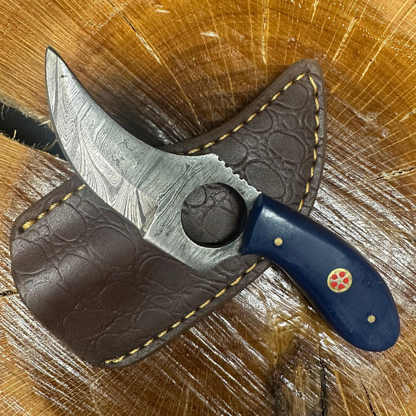 Curved Blade Finger Hole Knife MHS Cutlery Blue Handle R31: Fixed small finger hole blade knife by MHS Cutlery featuring a textured steel blade and decorative spine work. The handle has a contoured, blue epoxy resin/wood-style grip with metal mosaic accents. I
