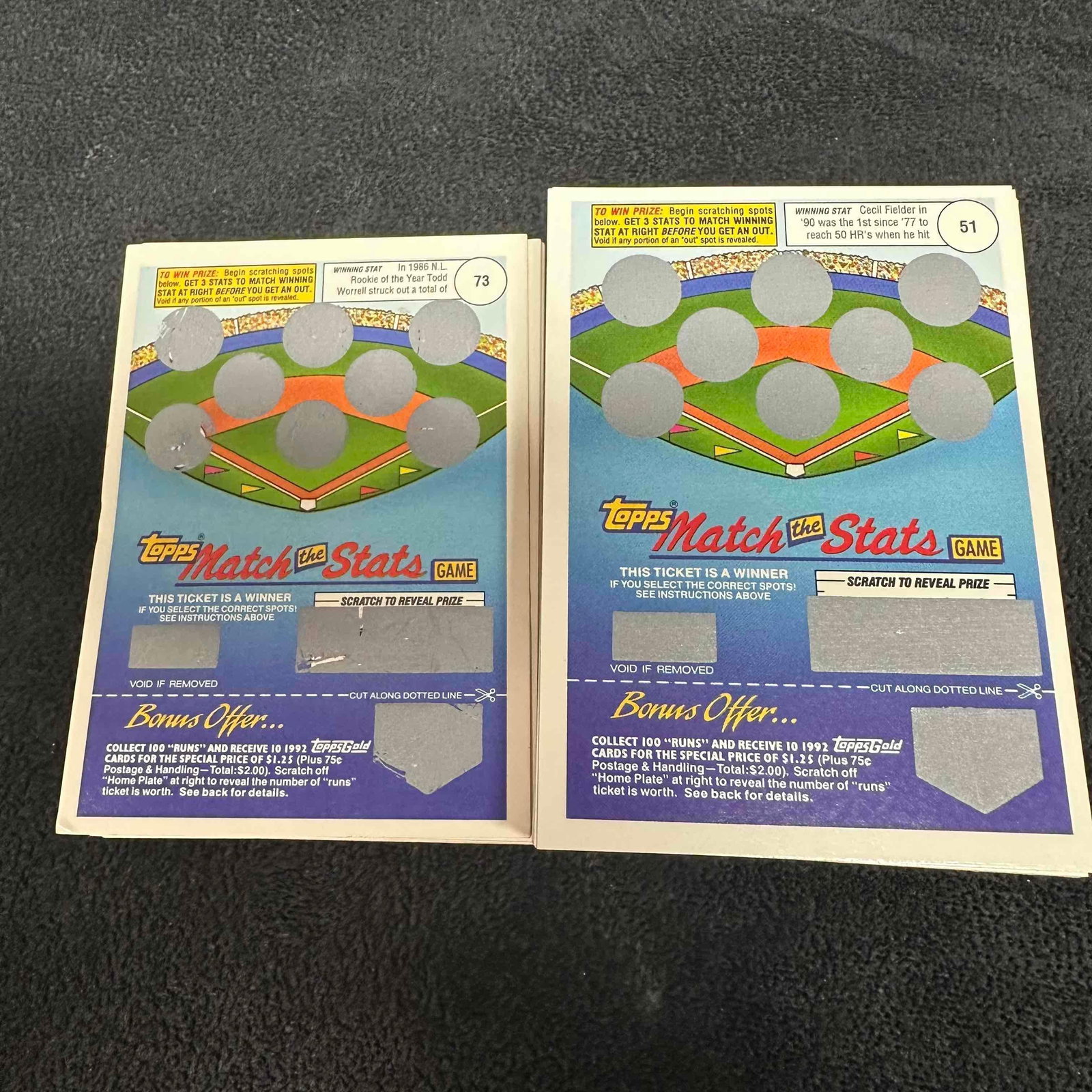 1992 Topps Match the Stats Game Card Unscratched Lot of 99 Cards: These items are in good pre-owned previously displayed condition, with light wear, minor creases, and some surface scratches. Please reference all photos for full details. Card: 3 1/2" x 2 1/2