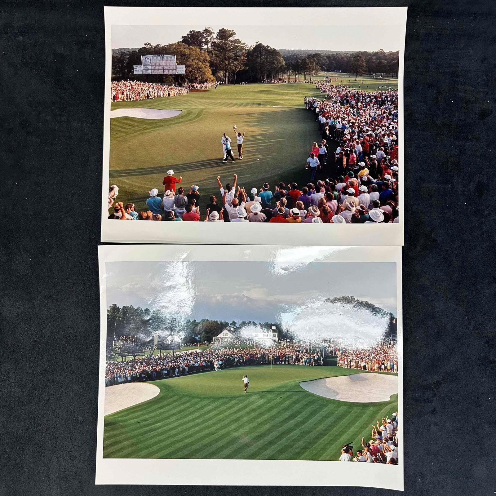 Set of Two Golf Masters Tournament Crowd Style Scenes Augusta National Golf Club Photos: Pair of vibrant color prints capturing dramatic tournament moments on the golf green, with cheering galleries and players walking off the final putt. Beautifully composed images with sharp detail and