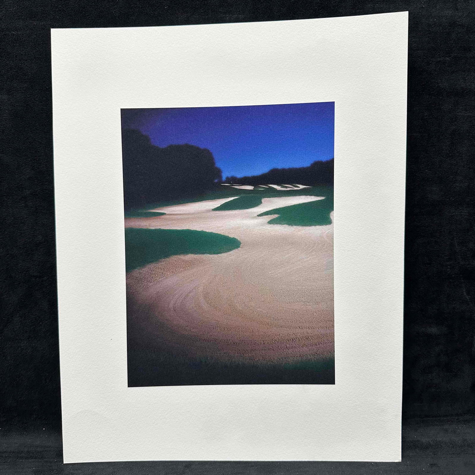 Fine Art Print Lithograph Golf Course Nightscape Dark Blue Sunset Bunker Landscape GC3: High-quality golf course lithograph featuring a striking view of sand traps and fairways under a deep blue night sky. Printed on textured, heavyweight paper for a gallery-quality look and feel. This i