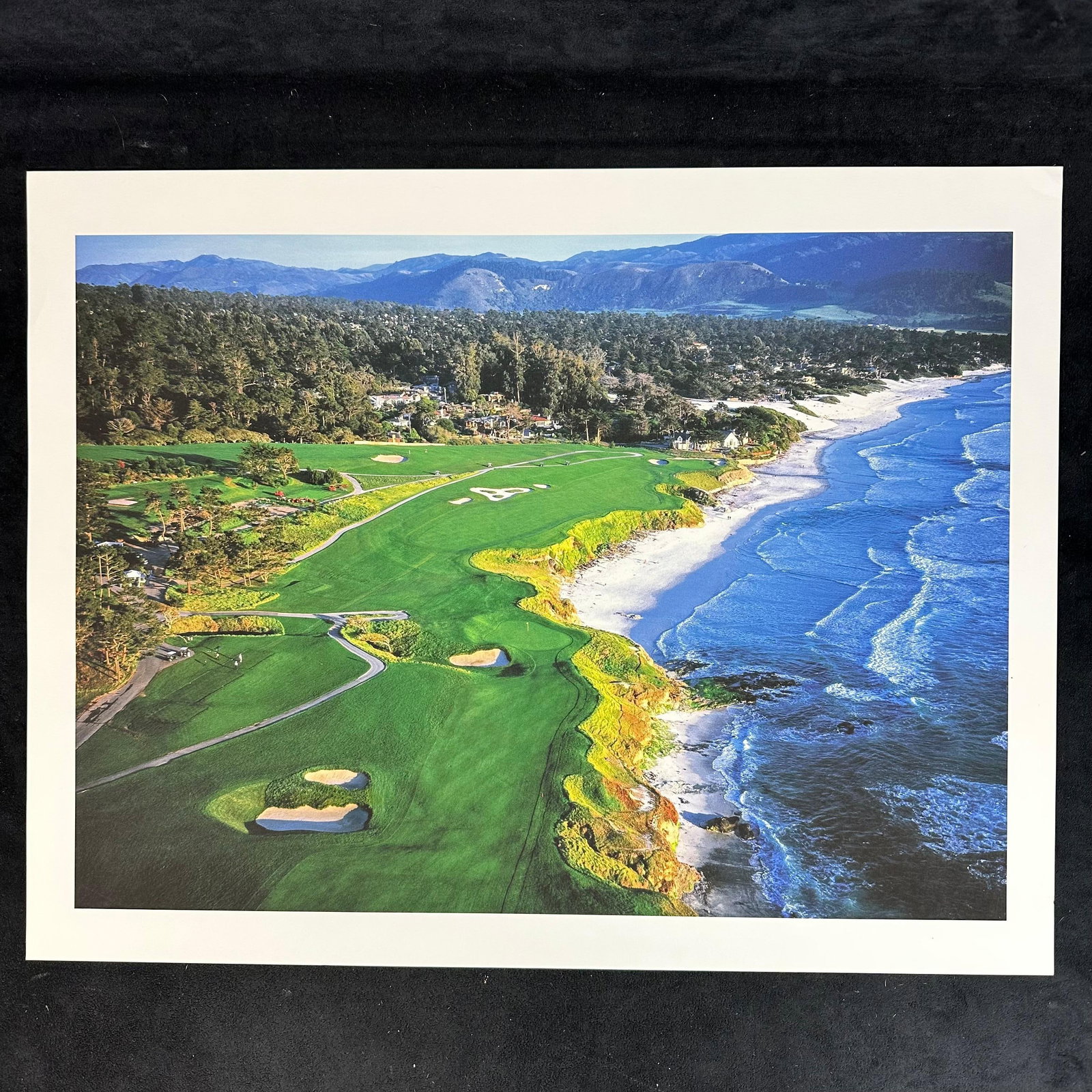 Pebble Beach Golf Links Coastal Aerial Photograph Print California Golf Course Ocean Coast: Aerial photography print of Pebble Beach Golf Links, capturing the dramatic California coastline and world-famous fairways. Vibrant greens and blue ocean tones make this an ideal display for golf or c