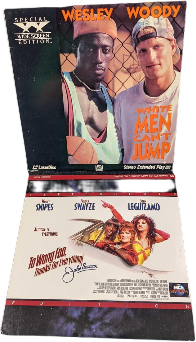 Wesley Snipes Laserdiscs White Men Can't Jump To Wong Foo: This lot includes: (1) Special Wide Screen Of "White Men Can't Jump". Stereo Extended Play. This was released by Fox Video in 1992. This is approx 12" x 12". (1) Letterbox Version