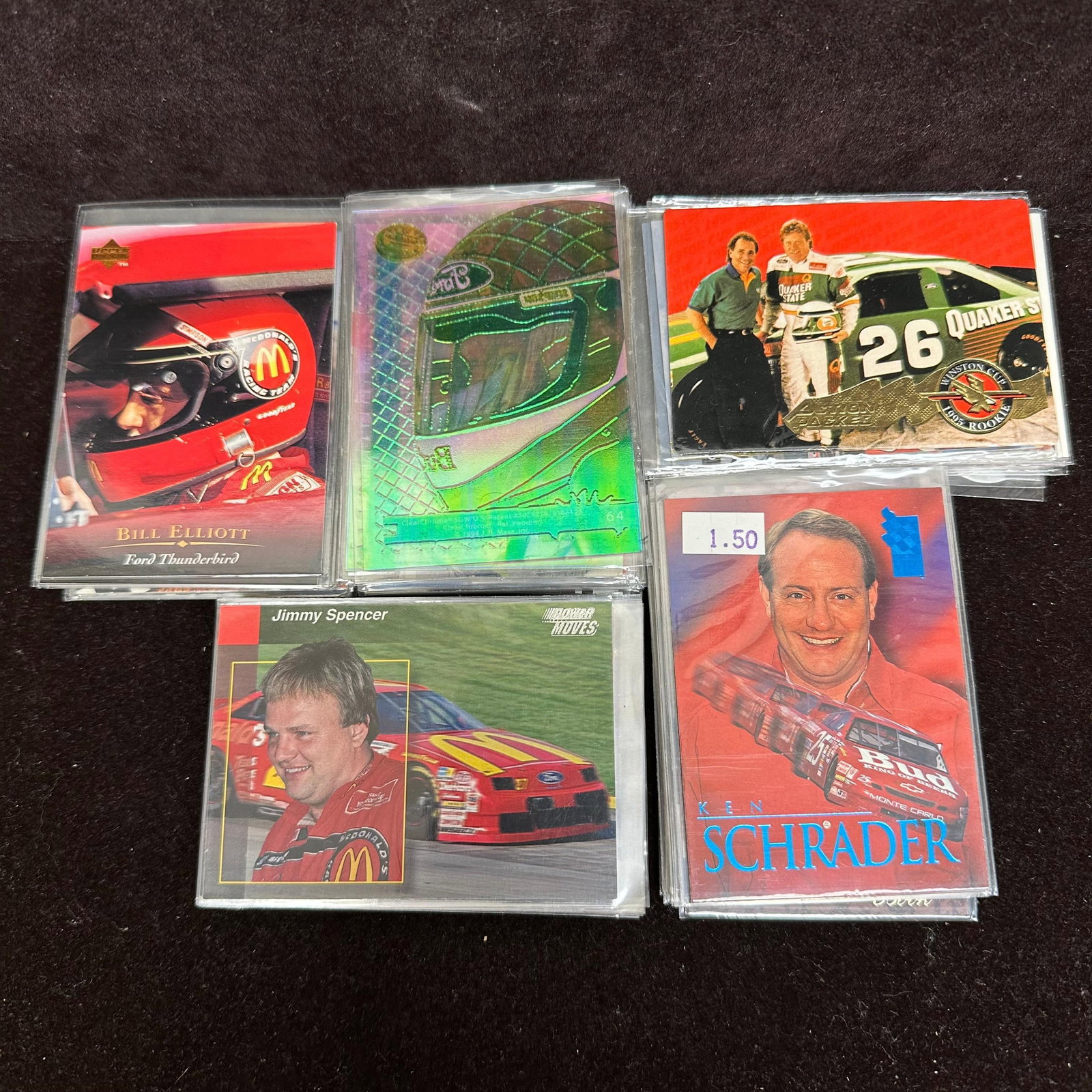 100 Lot NASCAR Racing Trading Cards Including Inserts Upper Deck Action Packed Press Pass Power: A large group of NASCAR racing trading cards, including driver portraits, race cars, statistics cards, and insert cards. Brands represented include Upper Deck, Action Packed, Press Pass, Power Moves,