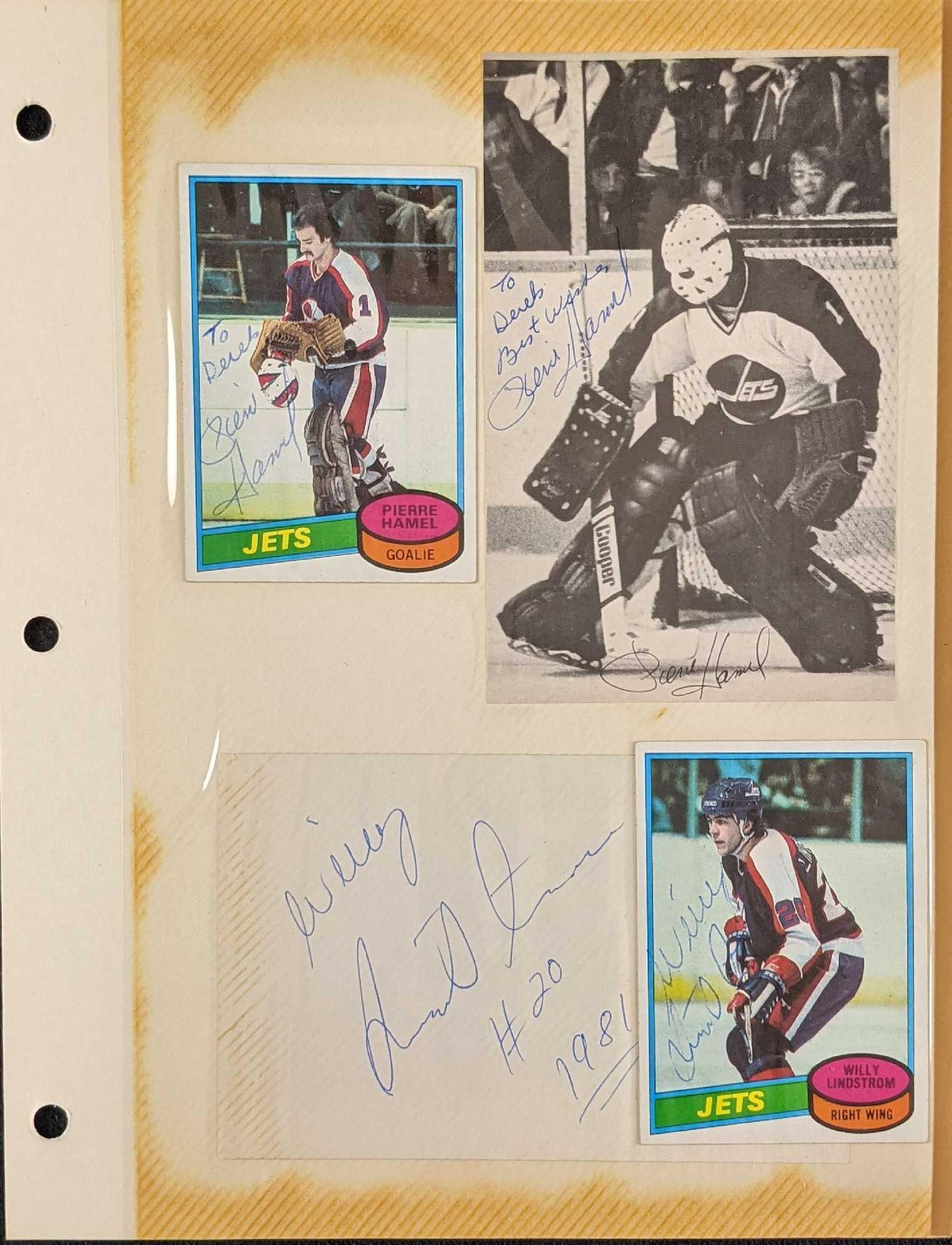 Autographed Hockey Photo & Cards: This lot consists of: (1) Autographed Pierre Hamel 1979-1980 Topps Card. (1) Autographed Pierre Hamel Goalie Photo. (1) Autographed Willy Lindstrom 1979-1980 Topps Card. <