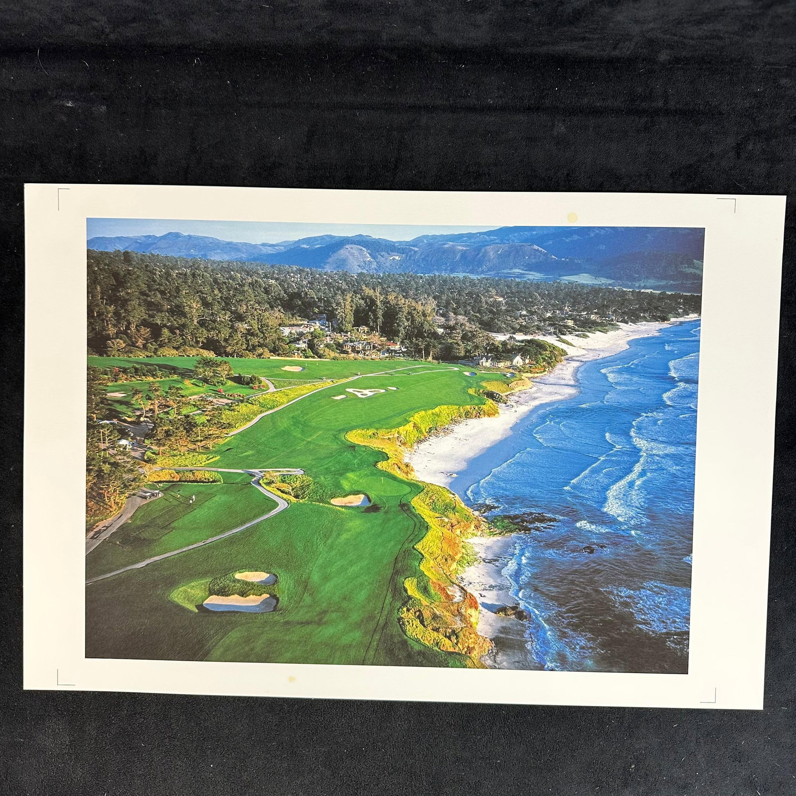 Pebble Beach Coastal Aerial Color Photography Print California Golf Course 19 x 13: Aerial photography print of Pebble Beach Golf Links, capturing the dramatic California coastline and world-famous fairways. Vibrant greens and blue ocean tones make this an ideal display for golf or c