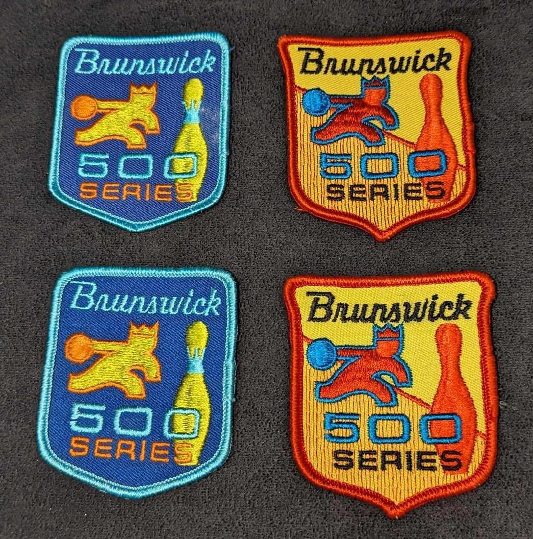 4 Vintage Brunswick 500 Series Bowling Patches: 4 Vintage Brunswick 500 Series Bowling Patches. Each is approx 2 5/8" x 3 1/4" and the total weight is 0.03lb. These unused patches are in good, vintage condition with some light markings due to age a
