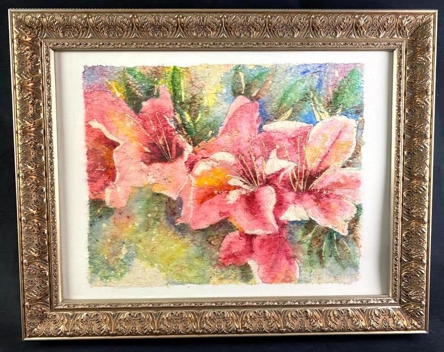 Pauline Kretler "Azalea Botik" Watercolor: Pauline Kretler "Azalea Botik" Watercolor Lovely painting of Azalea blossoms, done on fibrous art paper by Pauline Kretler. The piece is colorful and expressive, and comes in an ornate frame.