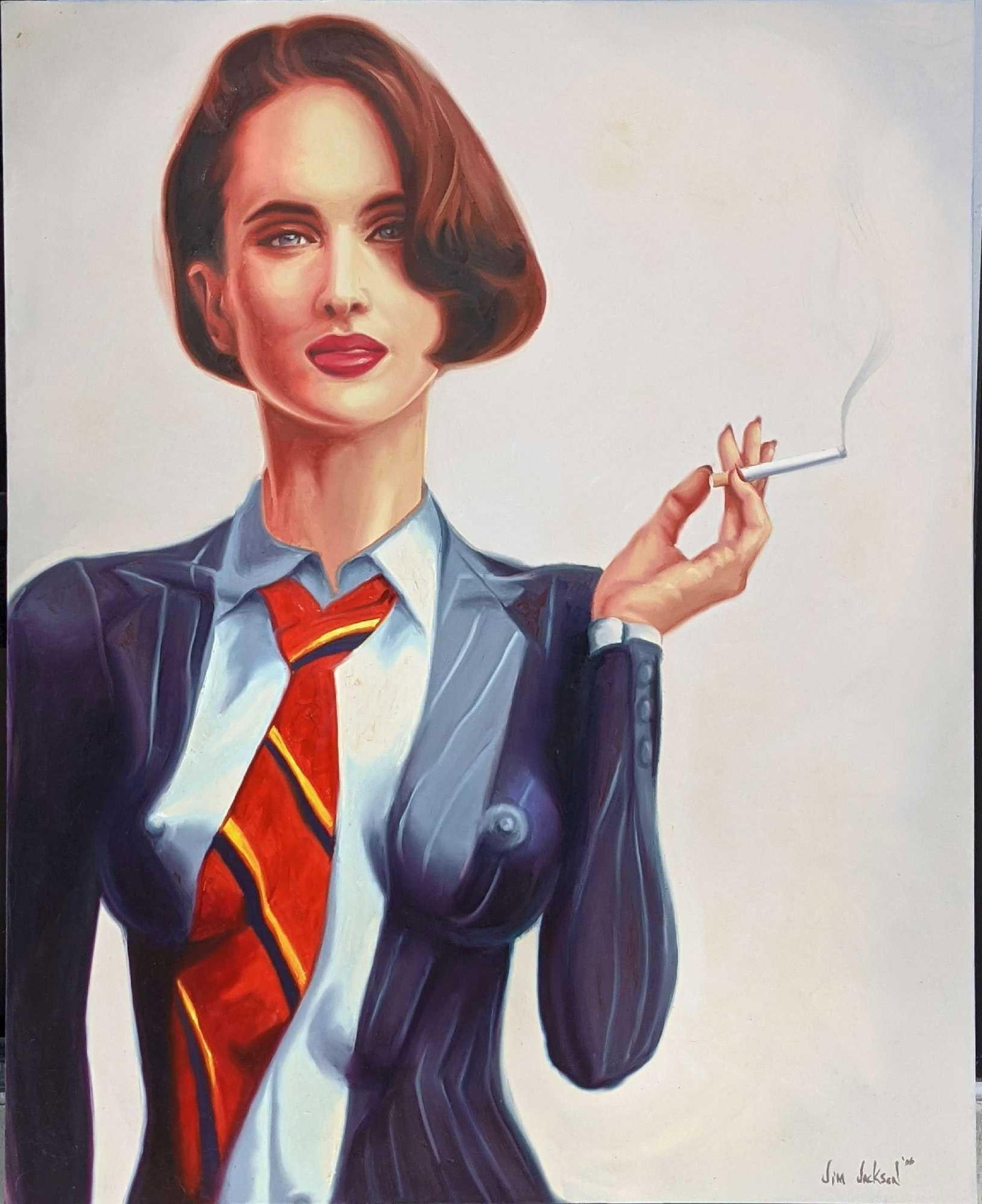 Large Acrylic On Canvas Jim Jackson Bodypaint Woman: Original Acrylic On Canvas Of A Woman Covered In Body-paint that made her look as if she were wearing a suit. Was originally painted by Orlando native Jim Jackson. This original is approx 47 3/4" x 1