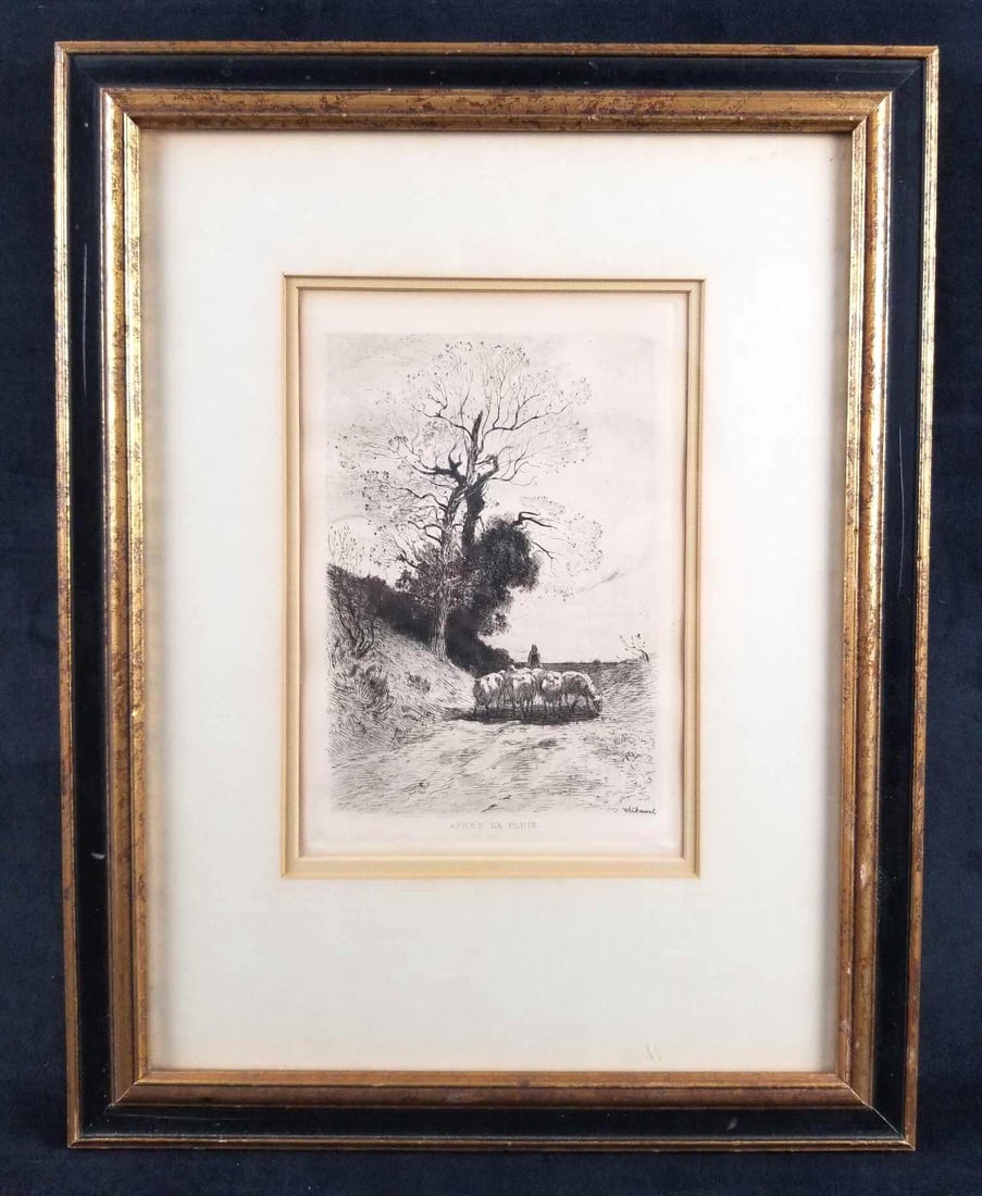 Theophile Navasse Chauvel Apres la Pluie Etching Art: Artist: Theophile Navasse Chauvel. Title: Apres la Pluie, a Vaujours (After the Rain, at Vaujours). 1876. Double Matting Framed print. The frame is in Great used condition. The matting and print may h