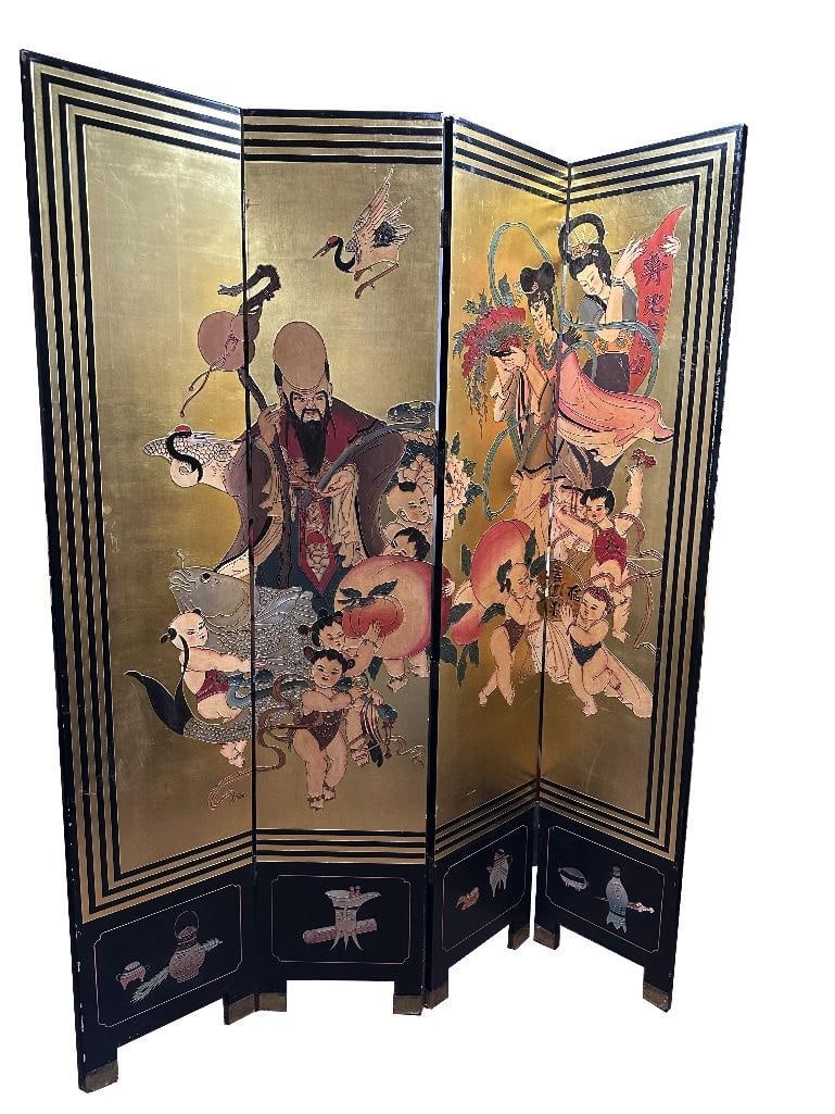 92" Tall Gold-Leaf Oriental Screen: Vintage hand painted oriental screen with scenes on the front and reverse, and gold leaf paint on the front. Features 4 hinged panels. Has some damaged edges and corners. Please see photos for best de