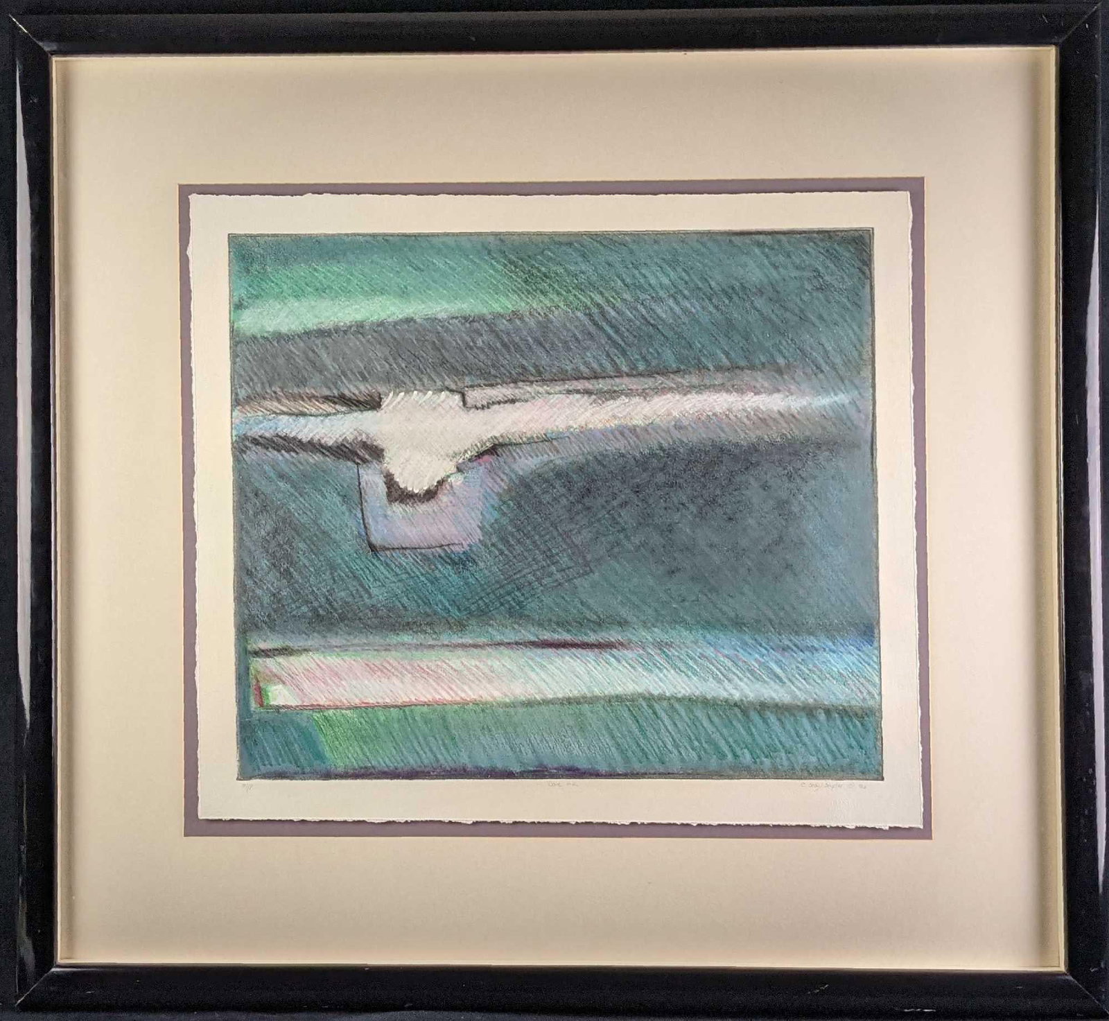 Framed C. Scott Snyder Abstract Watercolor Print Dove 2: Abstract framed watercolor print by C. Scott Snyder called "Dove 2". Artist signed on the bottom right and dated it, 1986. The print was created by the Phoenix Art Press. Framed print is appro