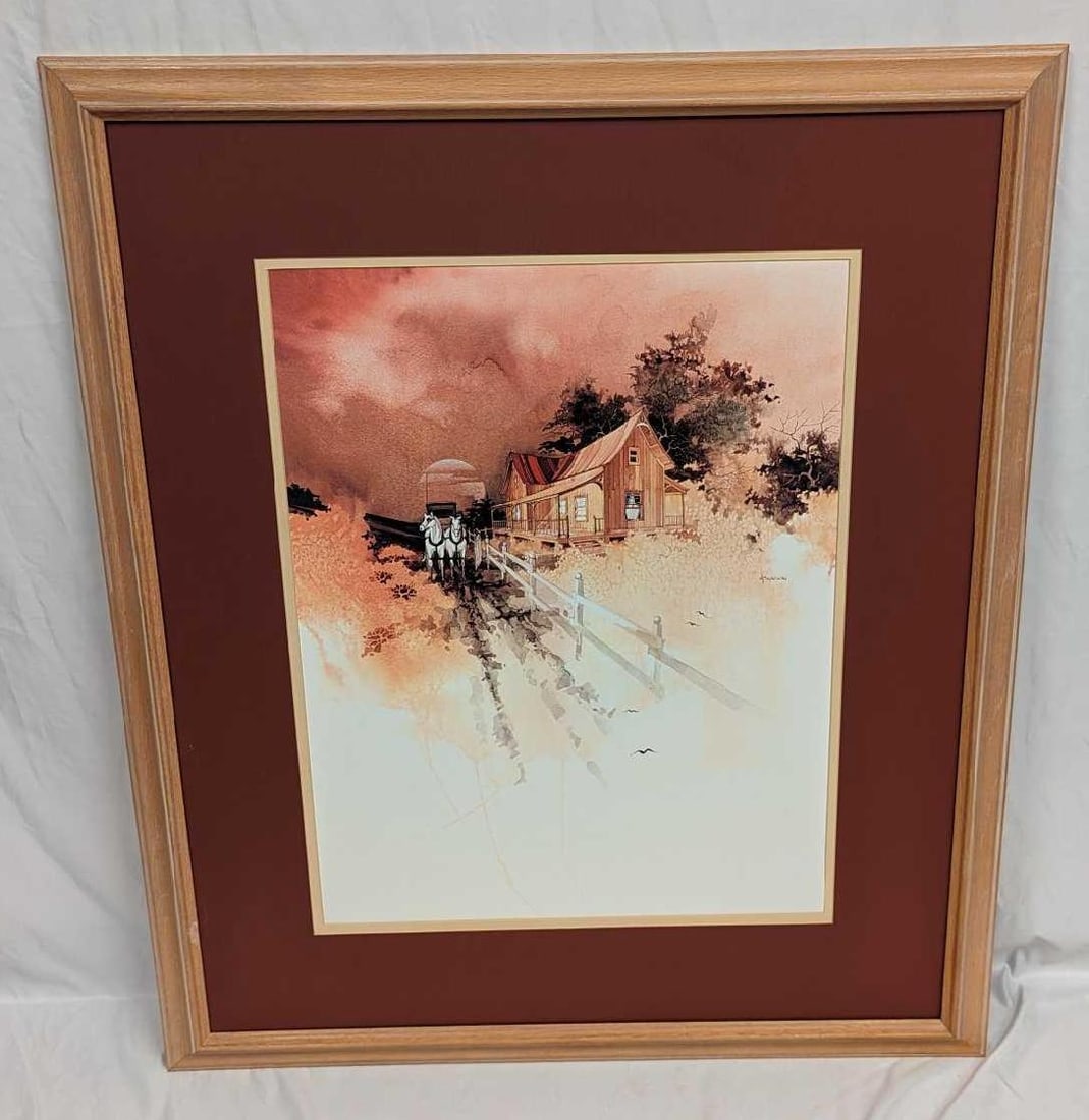 Framed Michael Atkinson Watercolor Print: Framed Michael Atkinson Watercolor Print. This framed print is approx 33 1/4" x 1 1/2" x 39 1/4" and it weighs 7lbs. Please note, that the signature is part of the print and not an original. The