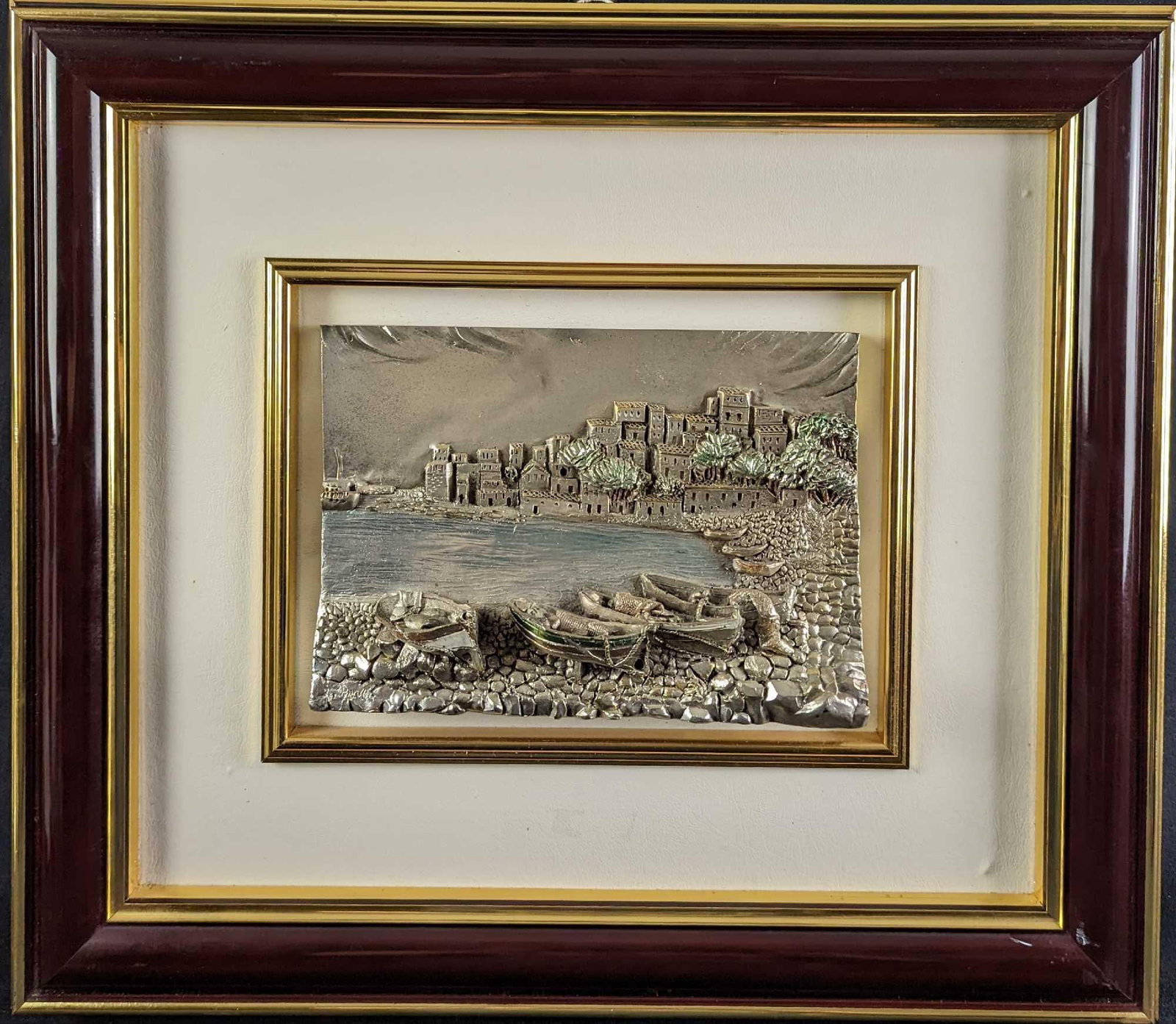 JB Arte Diffusione 925 Silver 3D Sculpture Village Art: Italian Made Silver Laminated Relief Sculpture Of An Italian Costal Village. The framed sculpture art is approx 21" x 1 1/2" x 18 1/2" and it weighs 8lbs. The sculpture is approx 9 3/4" x 1 1/4" x 7".