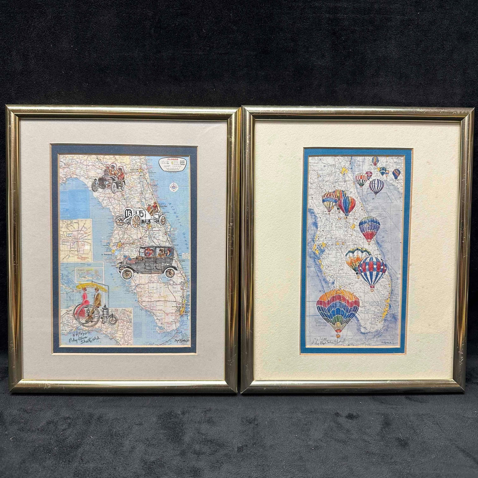 Phyllis Sheffield Florida Automobiles and Hot Air Balloon Signed & Numbered Framed Prints: Signed and numbered by the artist in the bottom left corners. The State of Florida Automobiles print is numbered 54/400 and the Hot Air Balloon print is numbered 76/400. Minor scuffs and wear on the g