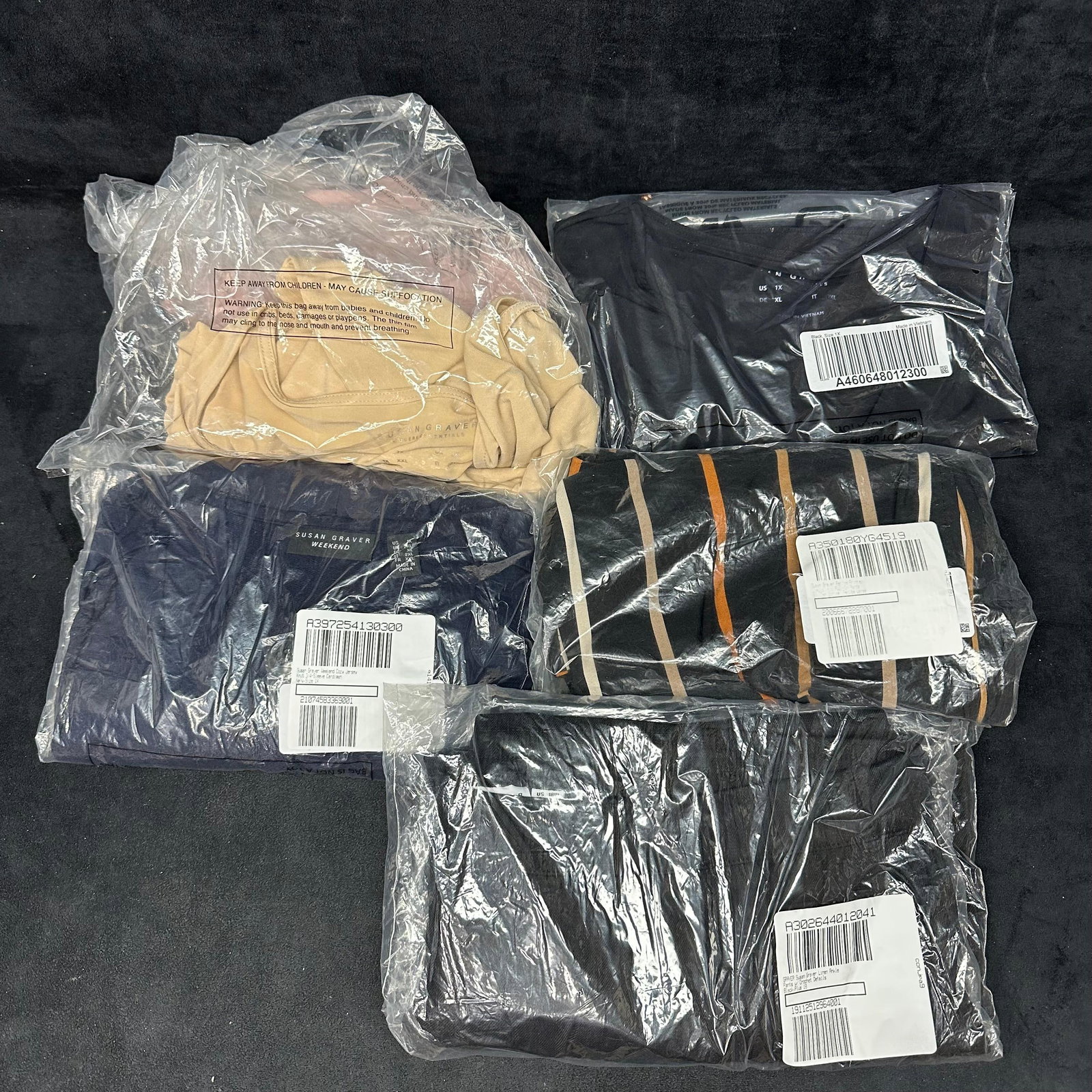 Susan Graver Womens Clothing Lot Tops and Pants Assorted Sizes: Group of Susan Graver women’s clothing items, new in original packaging. Includes assorted tops and pants in various styles and colors, including black, navy, tan, pink, and striped. Sizes noted on
