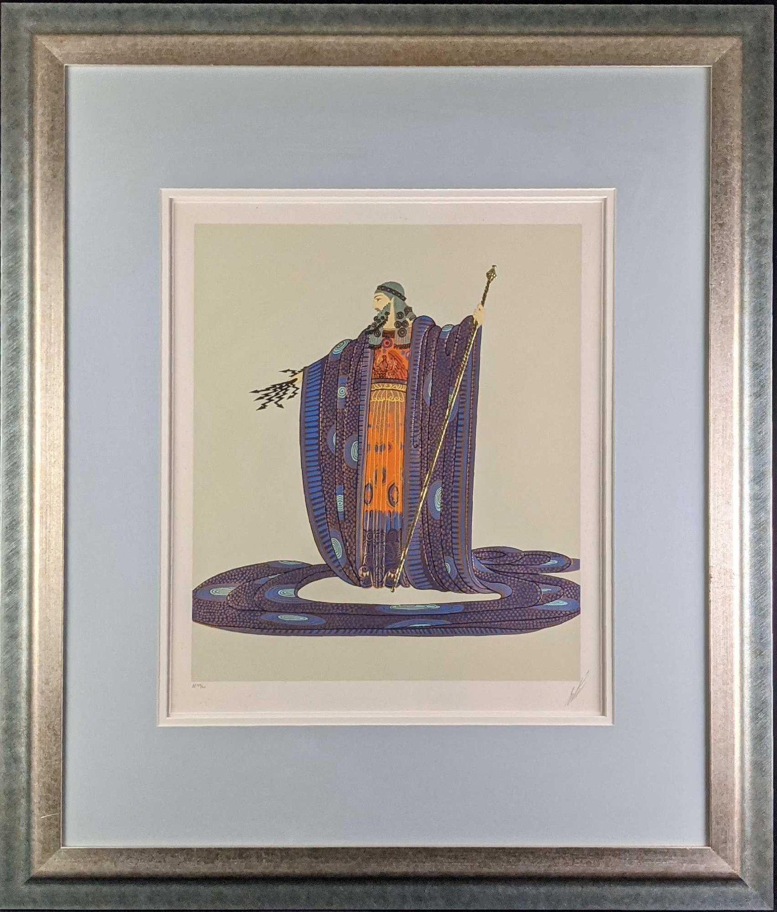 Framed Erte Zeus Serigraph Embossed With Gold/Silver Foil LE Artist Proof: Erte" Zeus"-1981 Serigraph on Paper Embossed with Gold/Silver Foil. Artist Proof (43/60) by Circle Gallery. This serigraph by Erte depicts the mythological Greek god Zeus holding his iconic light