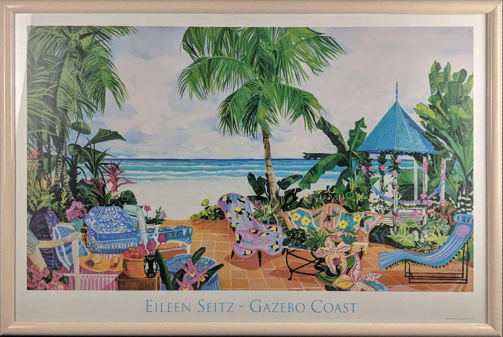 Framed Gazebo Coast Eileen Seitz Print Florida Sun: Here is a framed print called "Gazebo Coast", by Florida artist, Eileen Seitz. Printed on acid free paper wit Sunfast inks. Framed print is approx 41" x 1" x 28". Print is approx 3