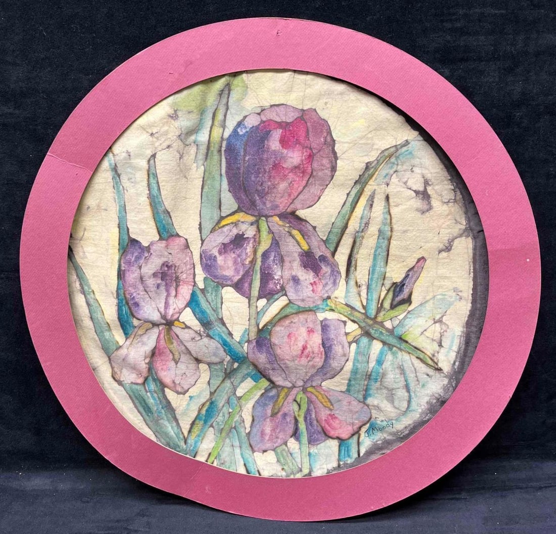 Original Watercolor On Cloth By J. Moody: This lot contains a Original Watercolor On Cloth By J. Moody. It is approx 17" x 1/4" x 17". Total weight is 0.1lb. Overall the watercolor is in good used condition with some wear from use