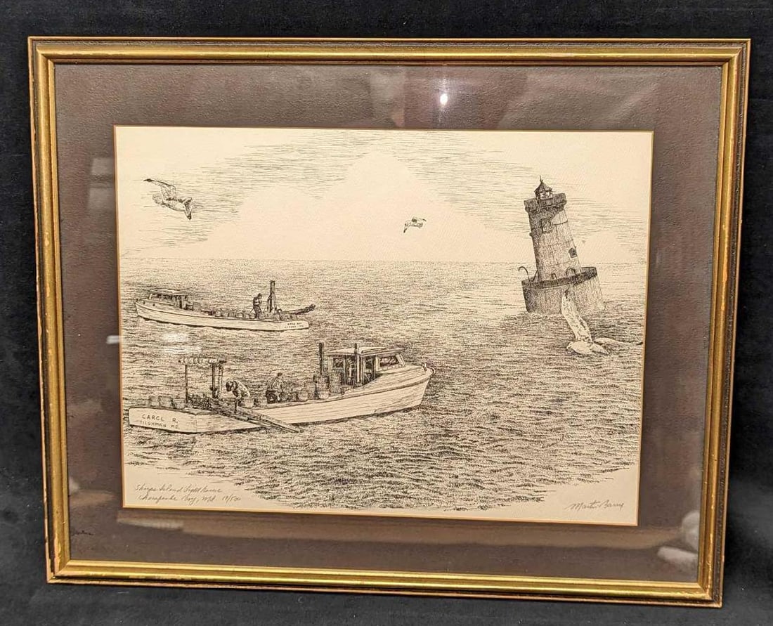 S&N Martin Barry B/W Sharps Island Lighthouse Print: S&N Martin Barry B/W Sharps Island Lighthouse Print. The framed print is approx 21" x 1" x 17" and it weighs 3.70 lbs. The print was signed on the bottom right, and named and numbered on the bottom le