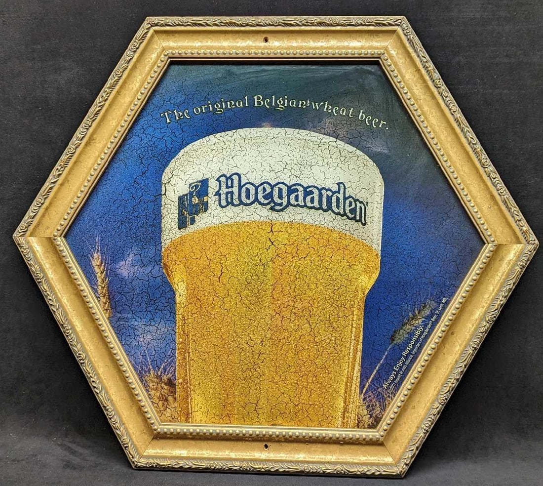 Framed Hoegaarden Belgian Wheat Beer Bar Mirror: Framed Hoegaarden Belgian Wheat Beer Bar Mirror. This is approx 24" x 1" x 21" x and it weighs 4lbs. Two holes were drilled on the top and bottom. 