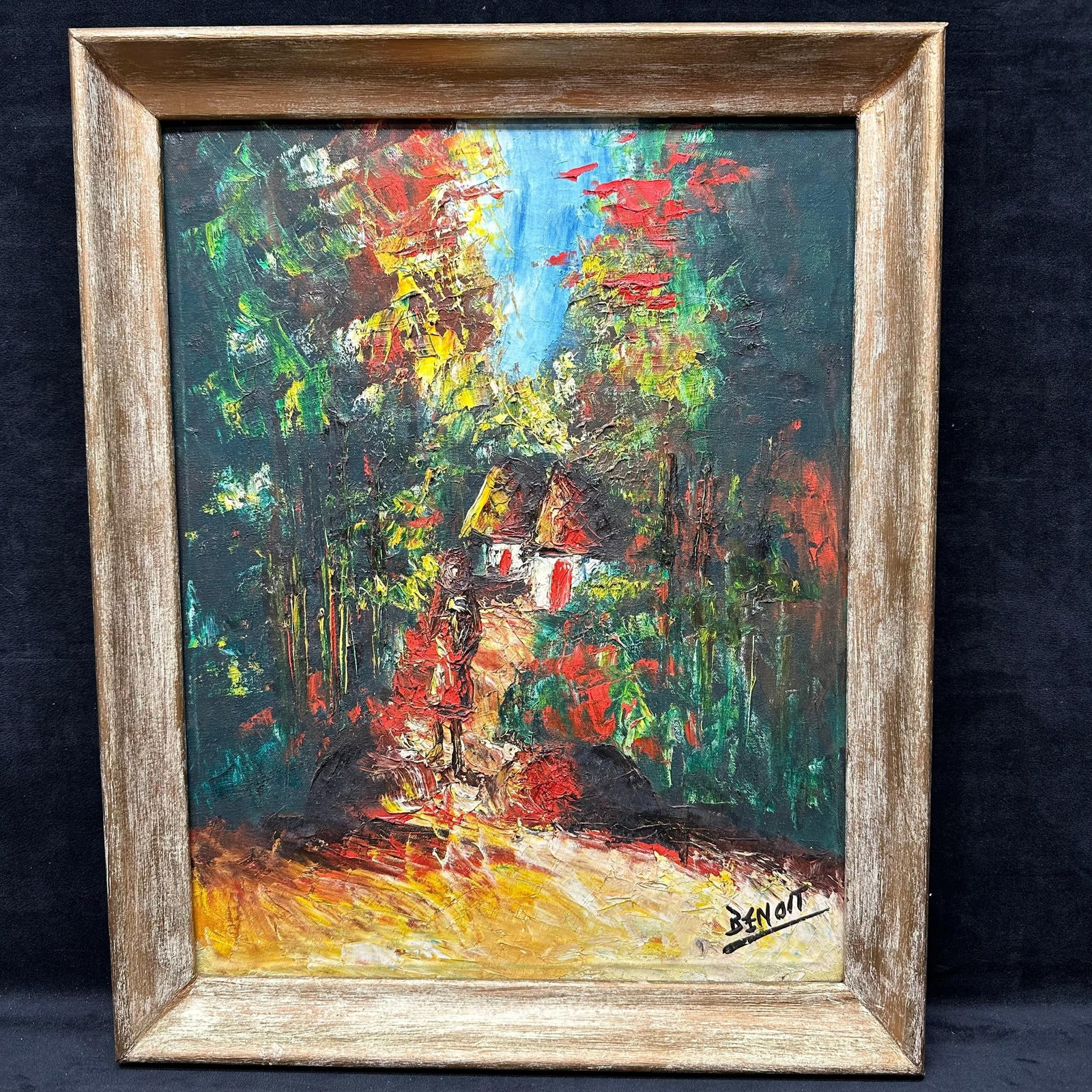 Benoit Signed Original Oil Painting Abstract Forest Path with Cottage: Original oil painting on canvas signed Benoit, featuring a colorful forest scene with a figure walking toward a small cottage. The artist uses thick, textured brushstrokes and bold hues of green, yell