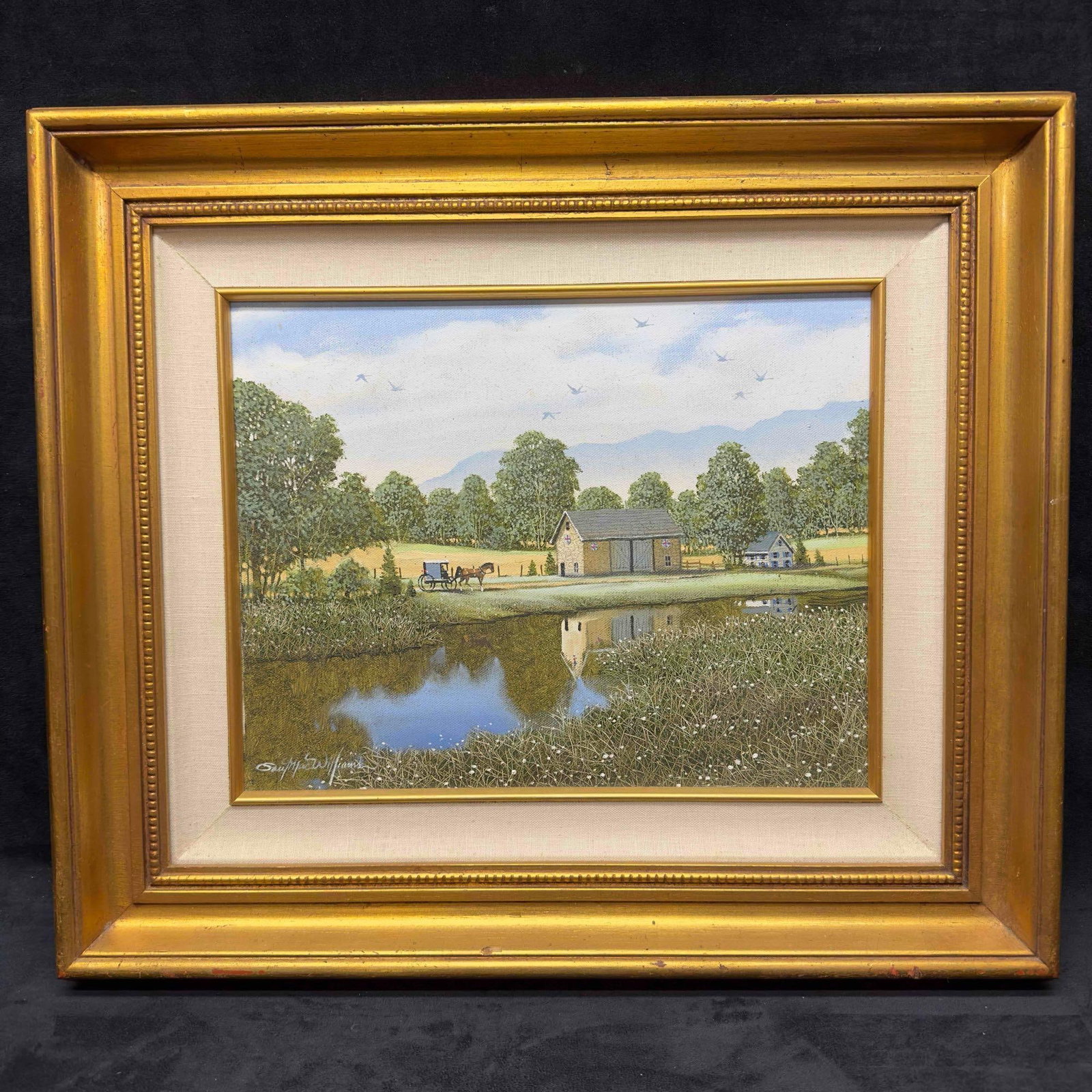 Paul MacWilliams Summer Landscape Oil Painting Artist Signed Framed Artwork: Paul MacWilliams Summer Landscape Oil Painting Artist Signed Framed Artwork. Medium solid wood frame with multiple steps, including nice design shaped carving around the border. Subtle gold color over