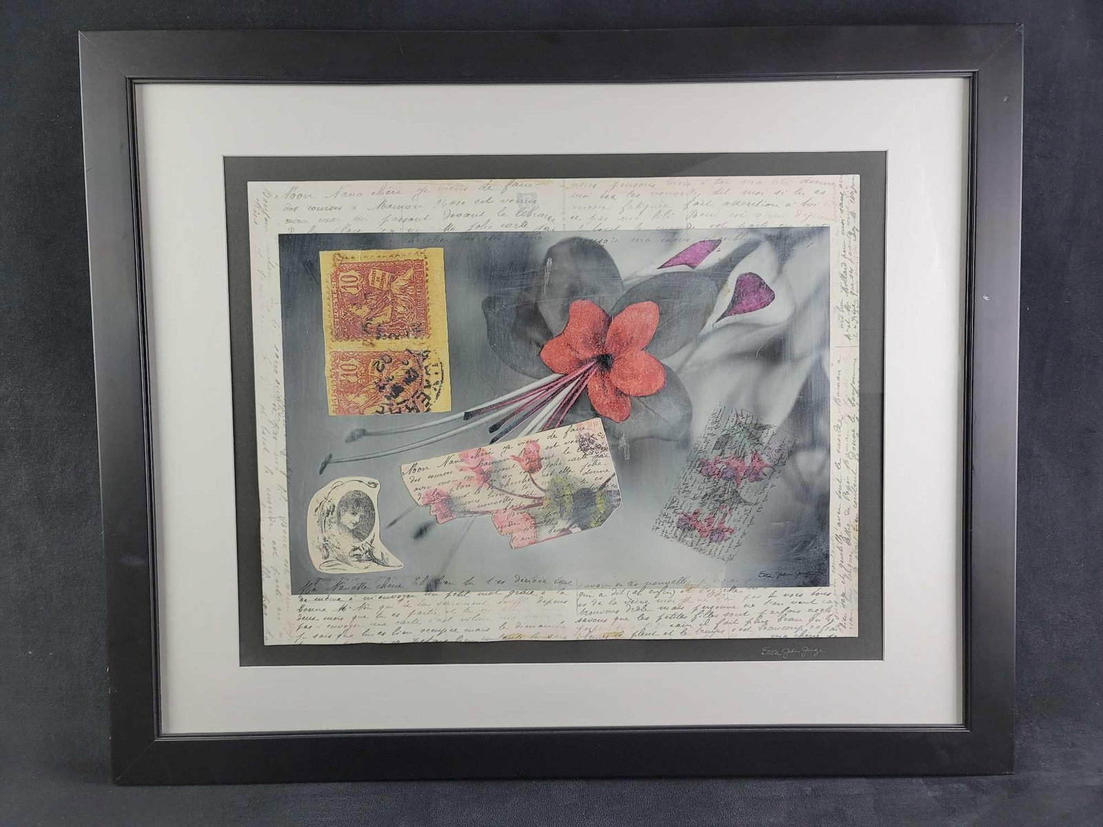 Mixed Media Floral Art By Etta Jean Juge: This original piece of art is by Etta Jean Juge and it is mixed media with a French Floral theme. The title of the piece is "French Postcard." It is in good condition with no known damages. Ap