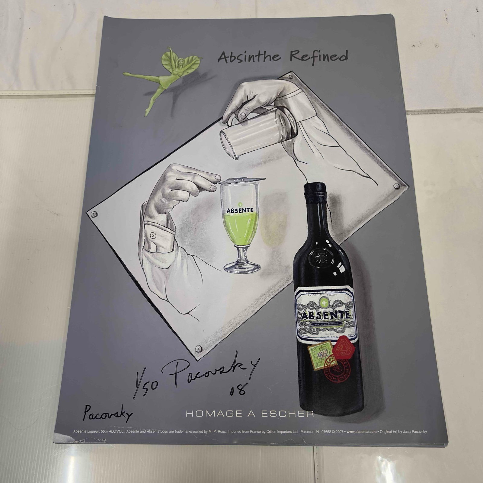 Homage A Escher by John Pacovsky Hand Signed and Numbered 23 Posters Absinthe Refined Ad Poster Set: Homage A Escher by John Pacovsky Hand Signed and Numbered 23 Posters Absinthe Refined Ad Poster Set. This set includes twenty three (23) hand signed and numbered posters by John Pacovsky. Limited Edit