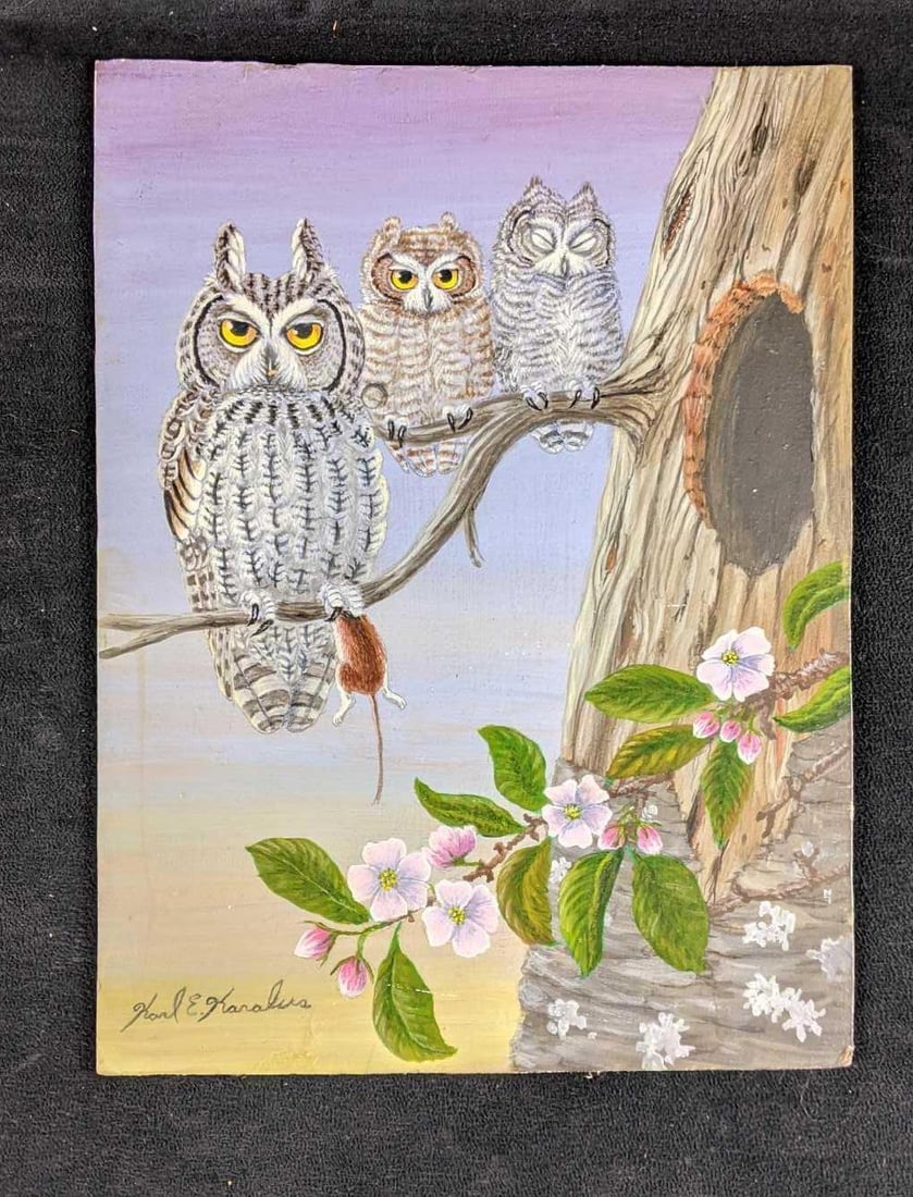 Great Horned Owl and Hatchlings by Karl Karalus: Subject: Great Horned Owl and Hatchlings Size: 12 x 9 Weight: 1lb Medium: Acrylic on Board This piece is NOT framed </