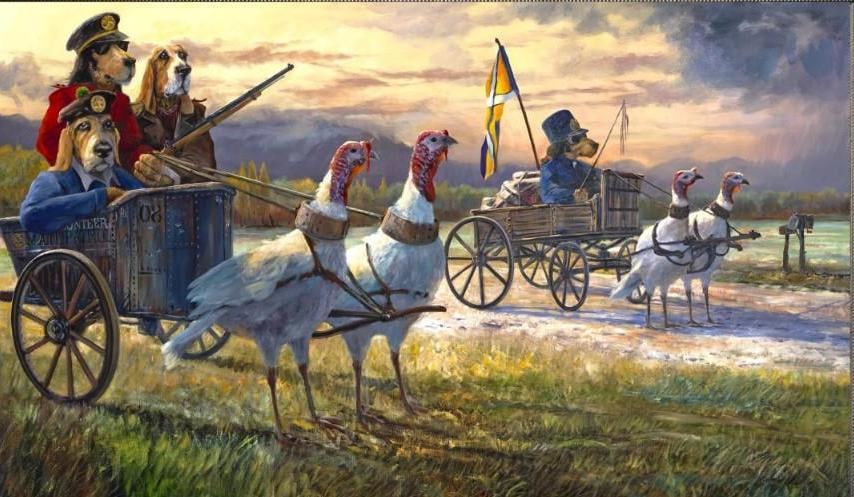 S&N Ivan Clarke "The Mail Must Get Through" Medium Giclée: S&N Ivan Clarke "The Mail Must Get Through" Medium Giclée Signed and numbered giclee on canvas print of The Mail Must Get Through by Ivan Clarke. Comes in the original tube with the COA.