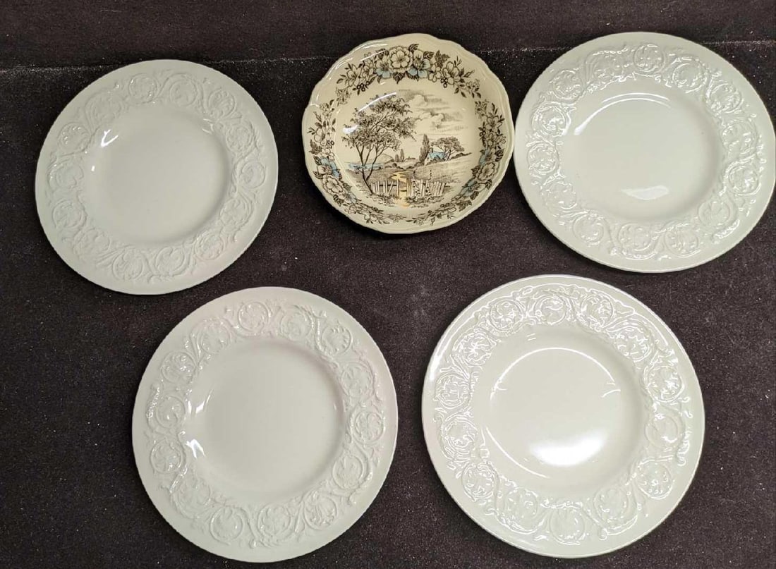 Wedgewood Patrician Bread & Butter Plates & Country Life Bowl: Wedgewood Patrician Bread & Butter Plates & Country Life Bowl. This lot includes: (4) Retired Wedgewood Patrician Bread & Butter Plates. Each is approx 6 1/2" x 6 1/2" x 1/2".