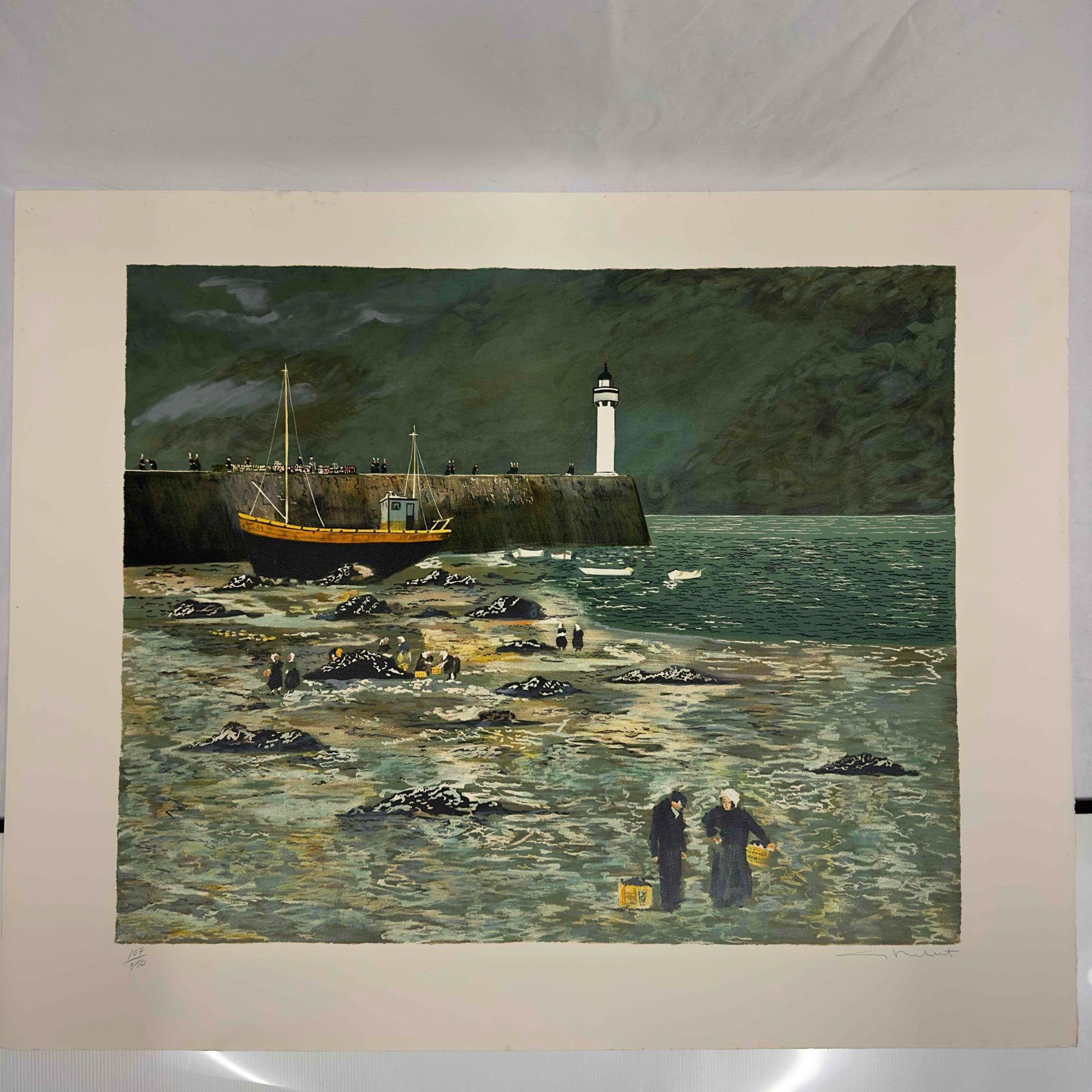 Guy Buffet Rocky Waters Rock Pier Lighthouse Landscape Signed Numbered Lithograph: Guy Buffet Rocky Waters Rock Pier Lighthouse Landscape Signed Numbered Lithograph. Guy Buffet artist signature bottom right hand corner. Limited Edition 107 of 350. Staining near the bottom of the lit