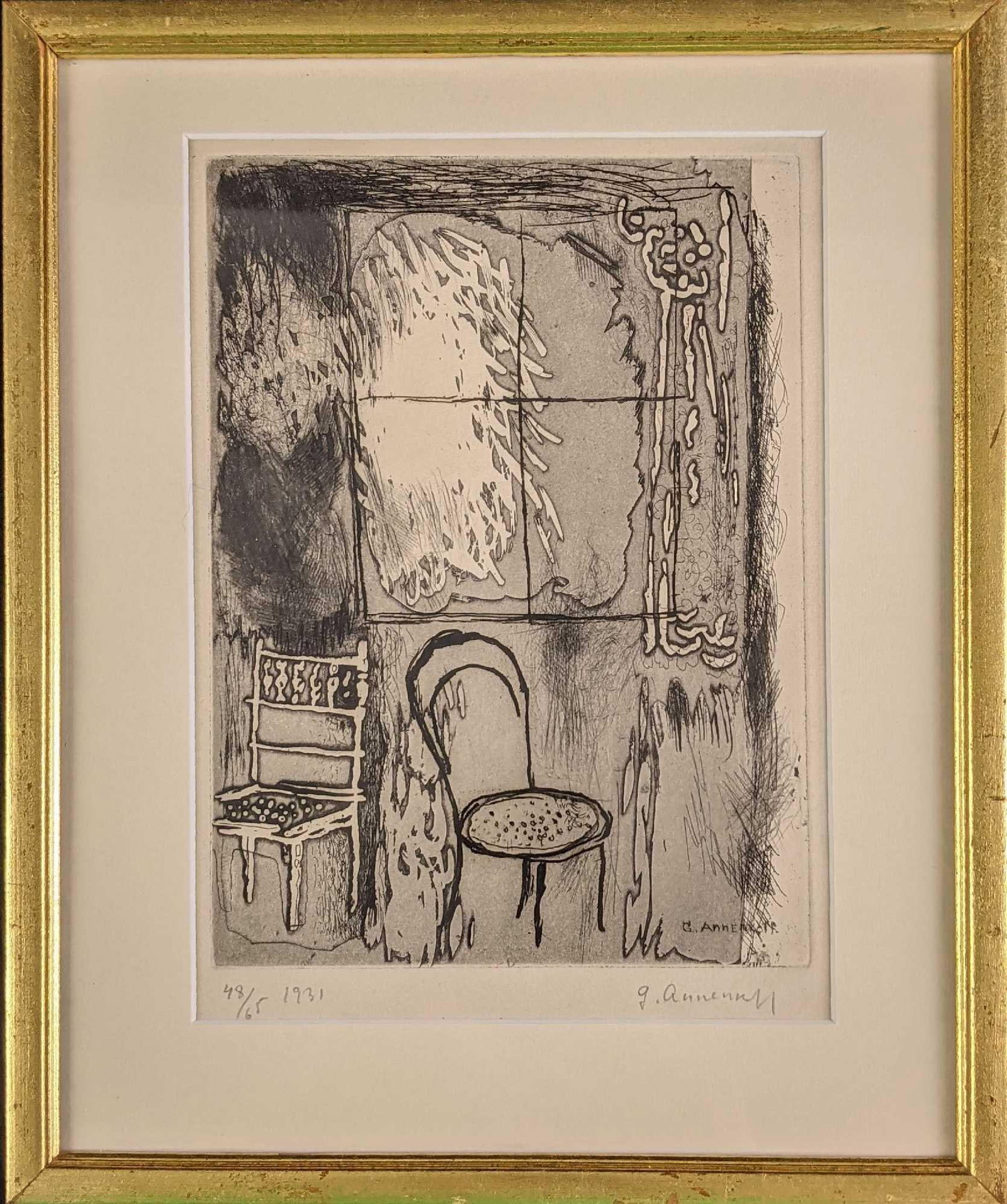 Yuri (Georges) Annenkov LE Signed Chairs Print: Yuri (Georges) Annenkov LE Signed Chairs Print. This one is #48 out of #65 from 1931. The artist signed on the bottom right in pencil. Framed etching is approx 10" x 1/2" x 12". The