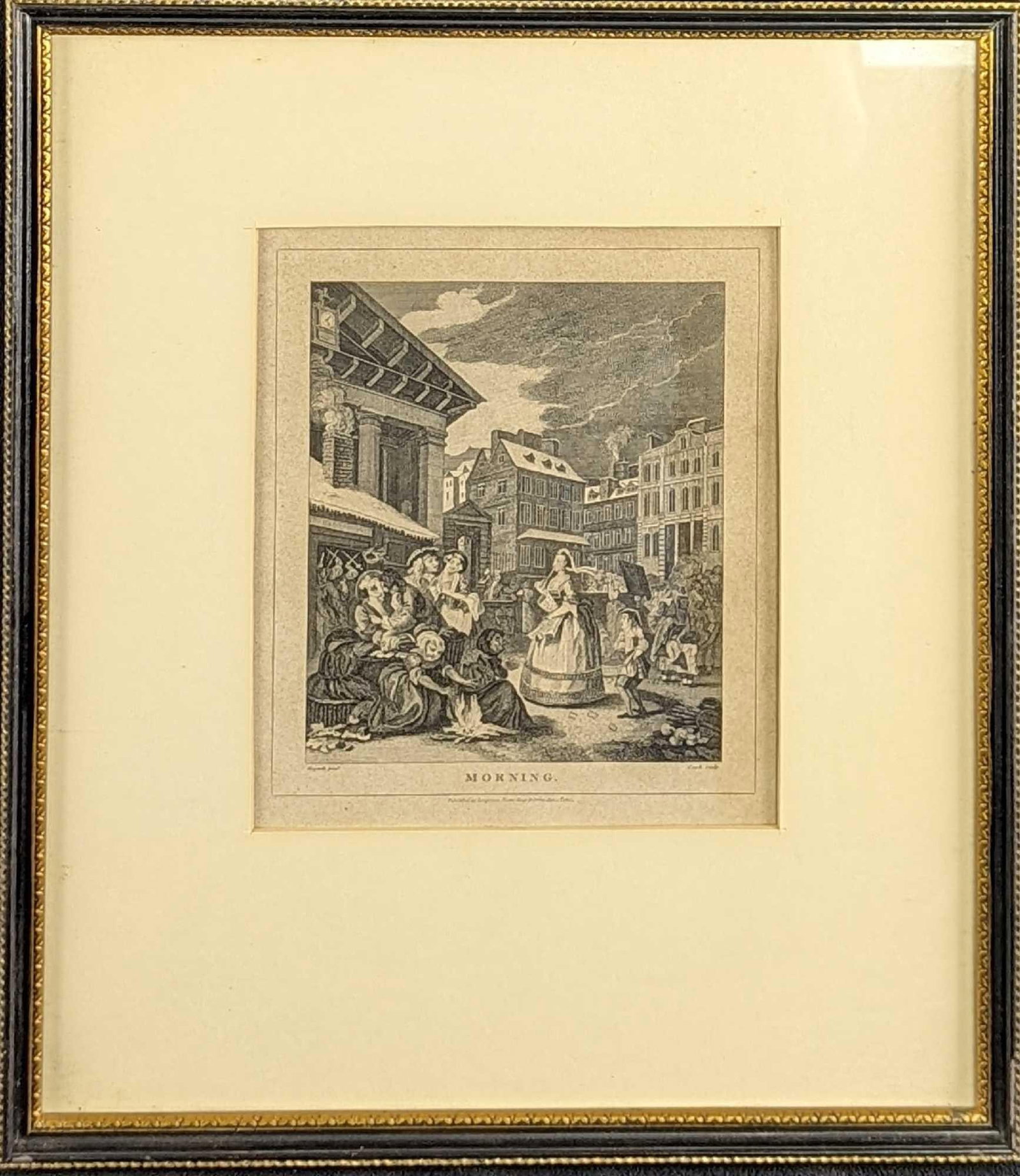 Framed Morning Engraving By T. Cook After W. Hogarth: The print shows the morning and is part of a series representing the progress of the day. The prude is crossing Covent Garden Piazza, disapproving of the amorous scenes outside the notorious Tom