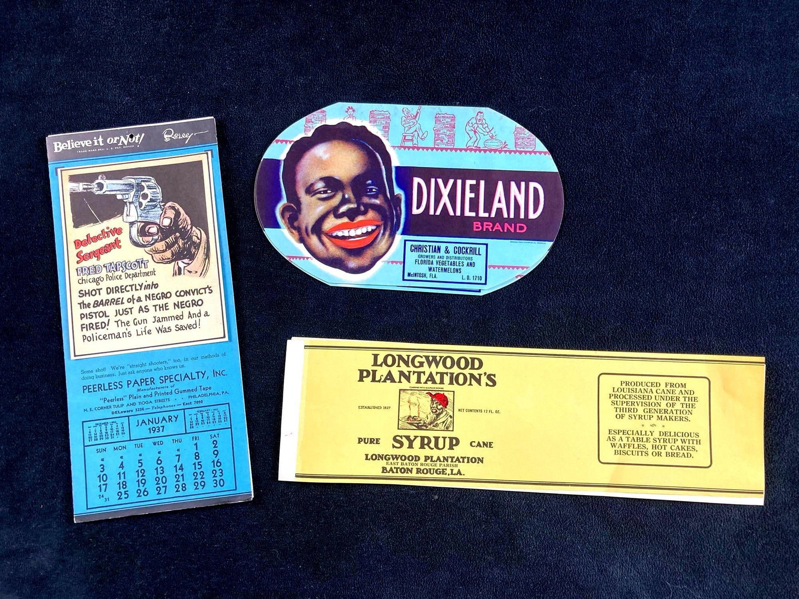 Set of 1920's and 1930's Advertisements Ripley's Believe It Or Not: This lot includes: (2) Dixieland Brand Advertisements (3) Longwood Plantation's Syrup Cane Advertisements (1) Ripley's Believe It or Not Pamphlet 1937 Condition