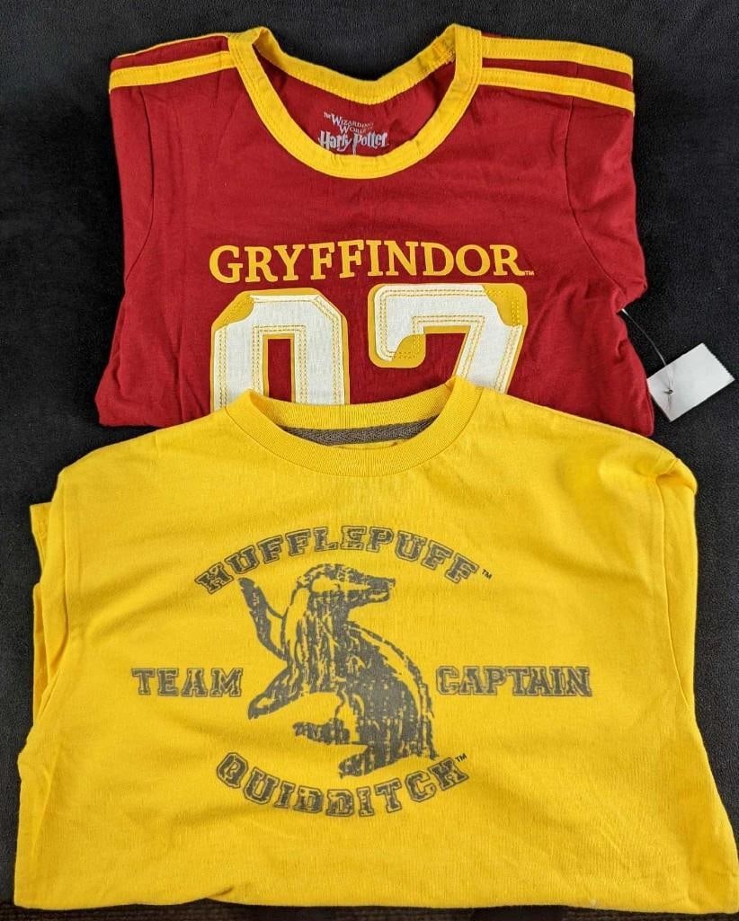 Hufflepuff Team Captain & Harry Potter Jersey Youth Shirts: Hufflepuff Team Captain & Harry Potter Jersey Youth Shirts. This lot includes: (1) Hufflepuff Team Captain Youth Small T-Shirt. 60% Cotton/40% Polyester. Flocked application with woven patch. Log