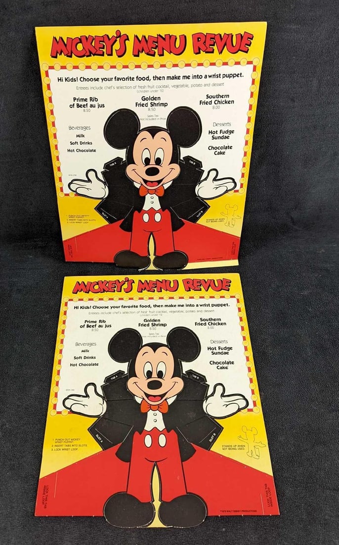 2 Mickey's Menu Revue Menu Disney Wrist Puppet: 2 Rare Complete 1979 Mickey's Menu Revue Mickey Mouse Menu Disney Wrist Puppets. Each is approx 10" x 12" and it weighs 0.10lb. While Mickey is still attached to the menus, the puppet has a few parts