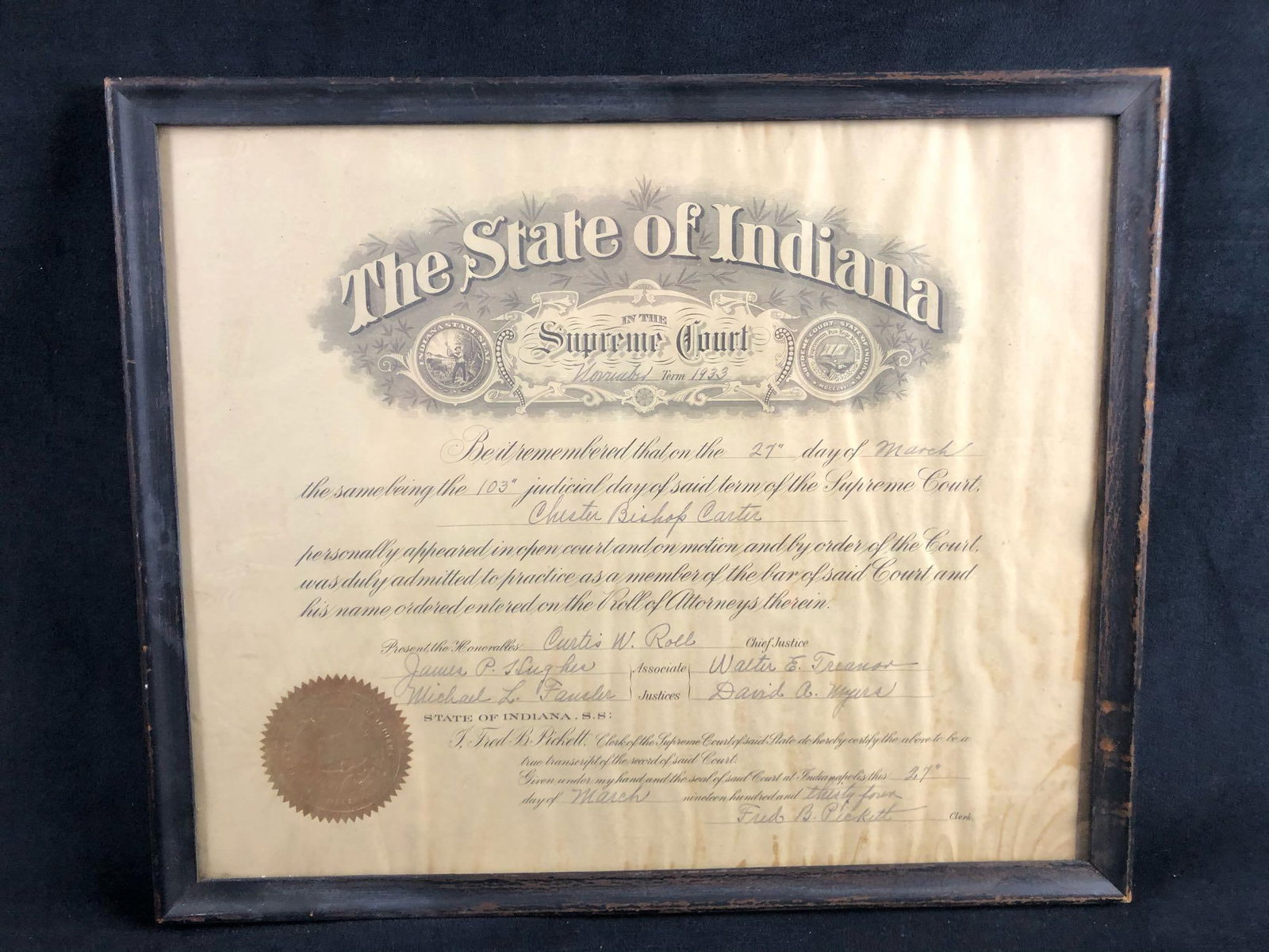 Vintage State Of Indiana Supreme Court 1933 Roll Of Attorneys Chief Justice Curtis W Roll: Vintage State Of Indiana Supreme Court 1933 Roll Of Attorneys Chief Justice Curtis W Roll The State of Indiana in the Supreme Court November Term 1933. Chester Bishop Carter name on certificate to be