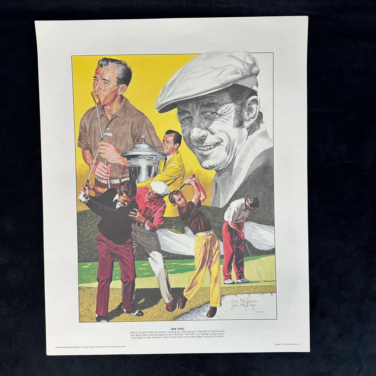 Jim McQueen Signed and Numbered Lithograph Bob Toski Golf Digest Commemorative Print #15: Limited edition lithograph by noted golf artist Jim McQueen, titled “Bob Toski”. This piece was issued in 1984 as part of the Golf Digest Commemorative Pro-Am Series. Hand-signed by the artist