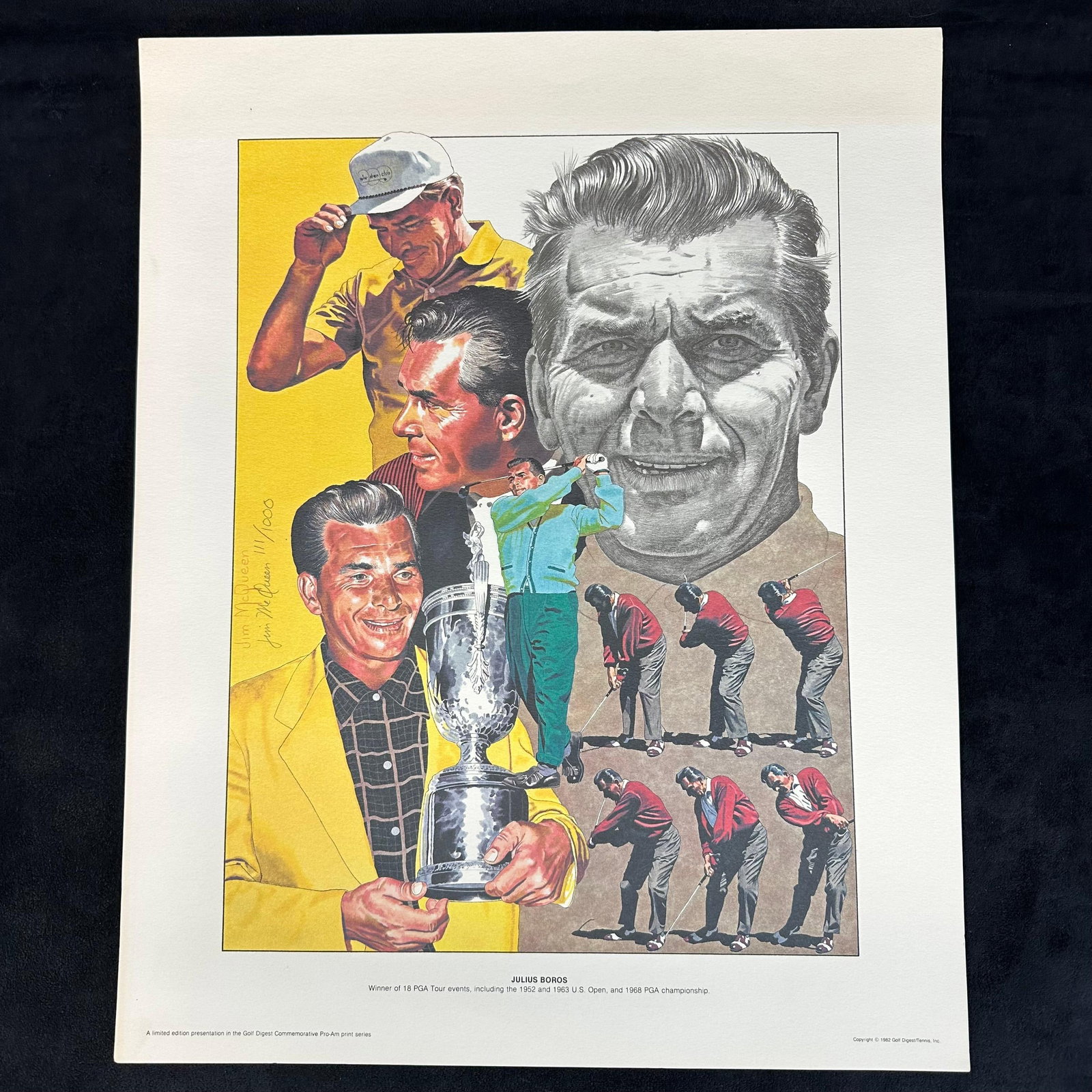 Jim McQueen Signed and Numbered Lithograph julius Boros Golf Digest Commemorative 1984 Print #111: Limited edition lithograph by Jim McQueen, depicting PGA Tour champion Julius Boros. Hand-signed by the artist and numbered 111/1000 in pencil. Published in 1984 by Golf Digest/Tennis, Inc. The print