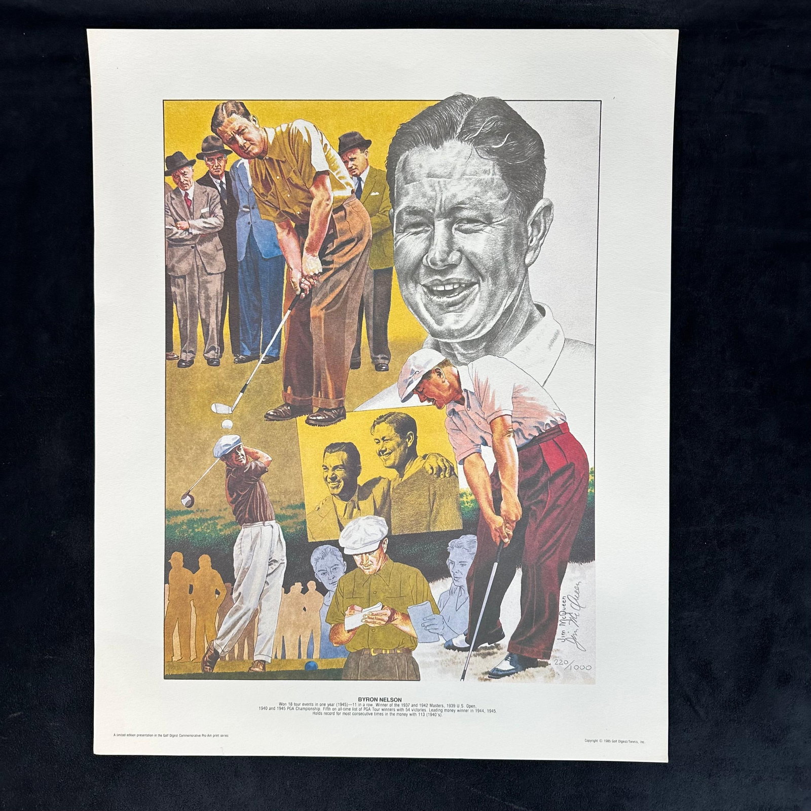 Jim McQueen Signed and Numbered Lithograph Byron Nelson Golf Digest Series 1985 #220: Limited edition lithograph by Jim McQueen, titled Byron Nelson. Hand-signed and numbered 220/1000 by the artist. Published in 1985 as part of the Golf Digest Commemorative Pro-Print series. Features a