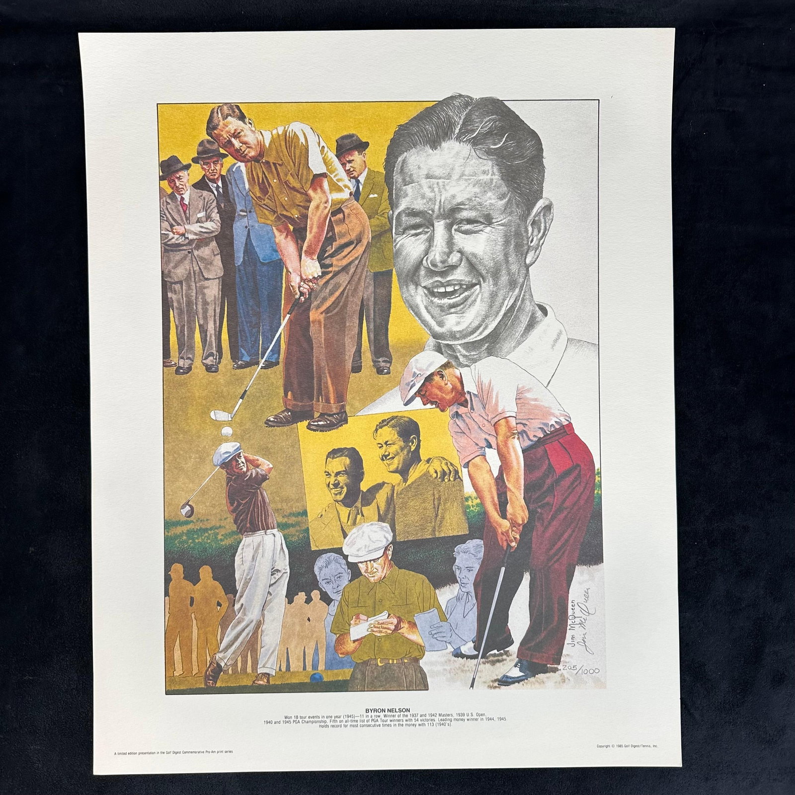 Jim McQueen Signed and Numbered Lithograph Byron Nelson Golf Digest Series #205 of 1000: Limited edition lithograph by Jim McQueen, titled Byron Nelson. Hand-signed and numbered 205/1000 by the artist. Published in 1985 as part of the Golf Digest Commemorative Pro-Print series. Features a