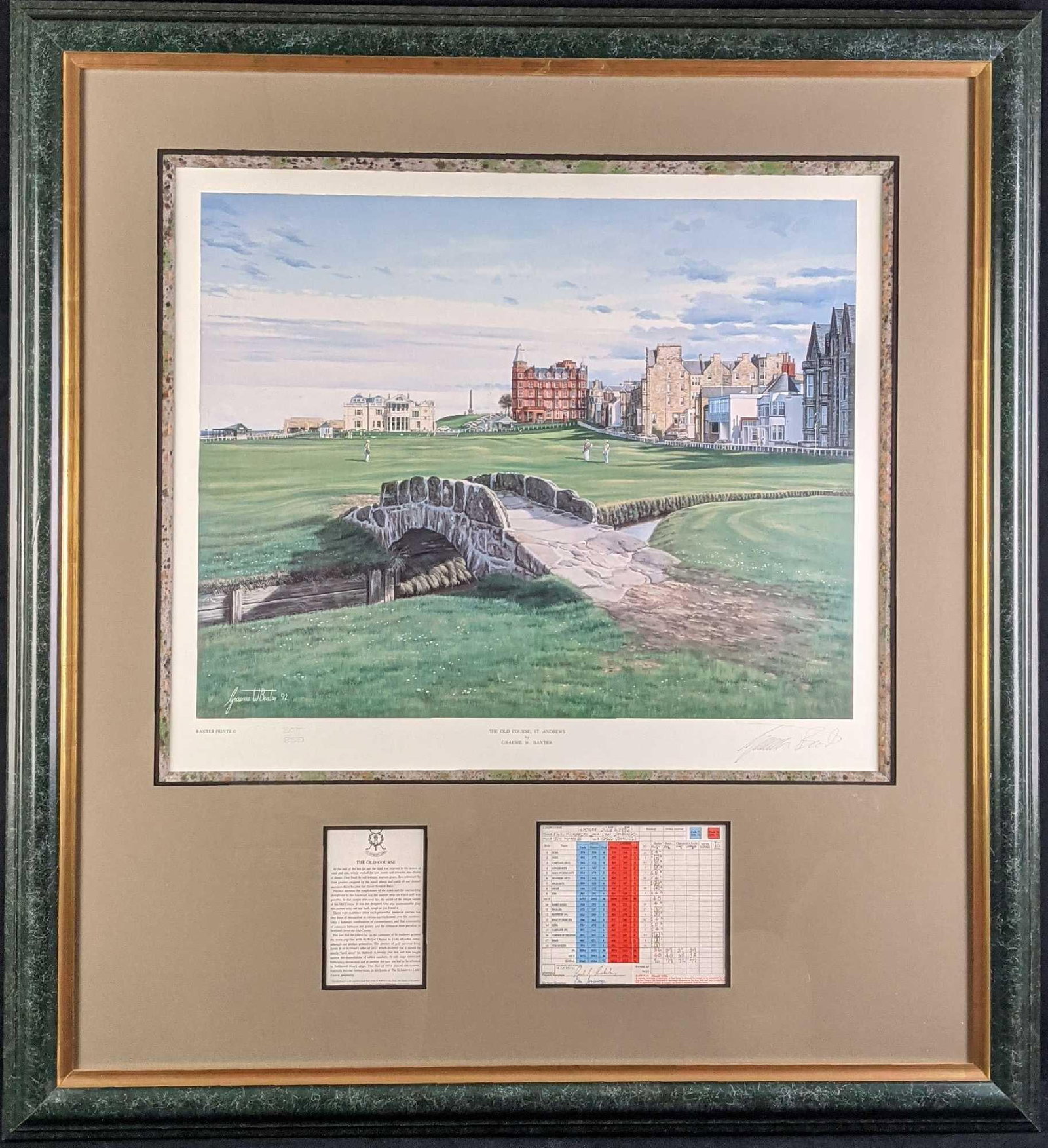 Sold Out Framed LE Graeme W. Baxter St. Andrews Swilcan Bridge: SOLD OUT Framed Limited Edition Graeme W. Baxter Old Course St. Andrews Giclee Print. Is #300 out of #850. Along with the print, there is also a Golf Scorecard that had been used at the actual St. And