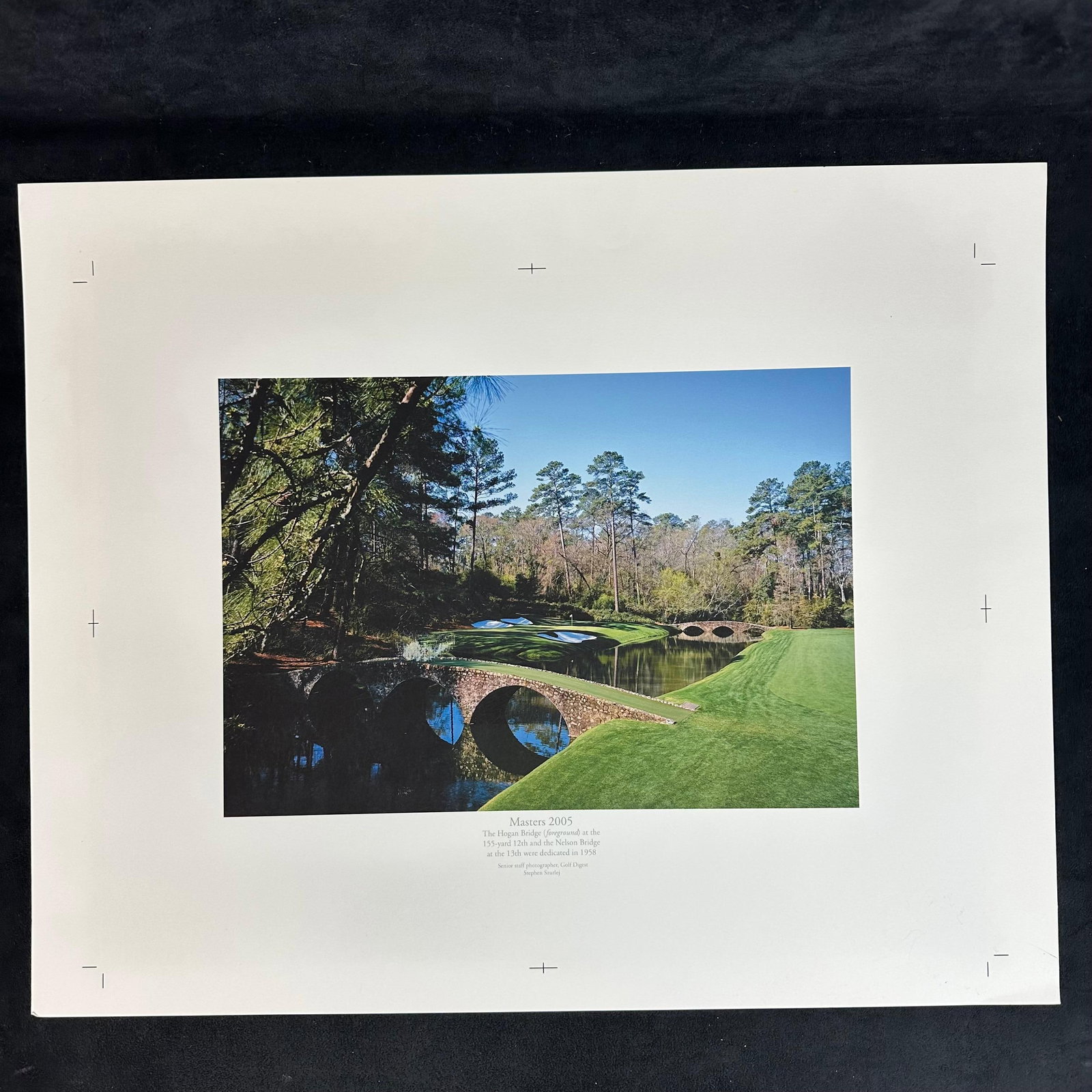 Masters 2005 Augusta National Golf Club Hogan Bridge and Nelson Bridge Photograph Print: Color photograph titled “Masters 2005” featuring the legendary Hogan Bridge (foreground) at the 12th hole and the Nelson Bridge at the 13th hole of Augusta National Golf Club. Captured by seni