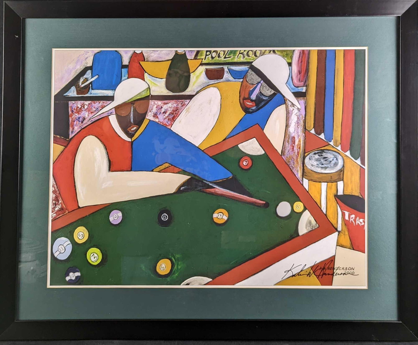 F27 Framed K.W. Anderson Pool Players Print: Here is a stylized print of two men in white caps and sunglasses at a pool table. The print is signed on the bottom right by the artist. The framed print is approx 36" x 1" x 29" and it weighs 10.5lbs