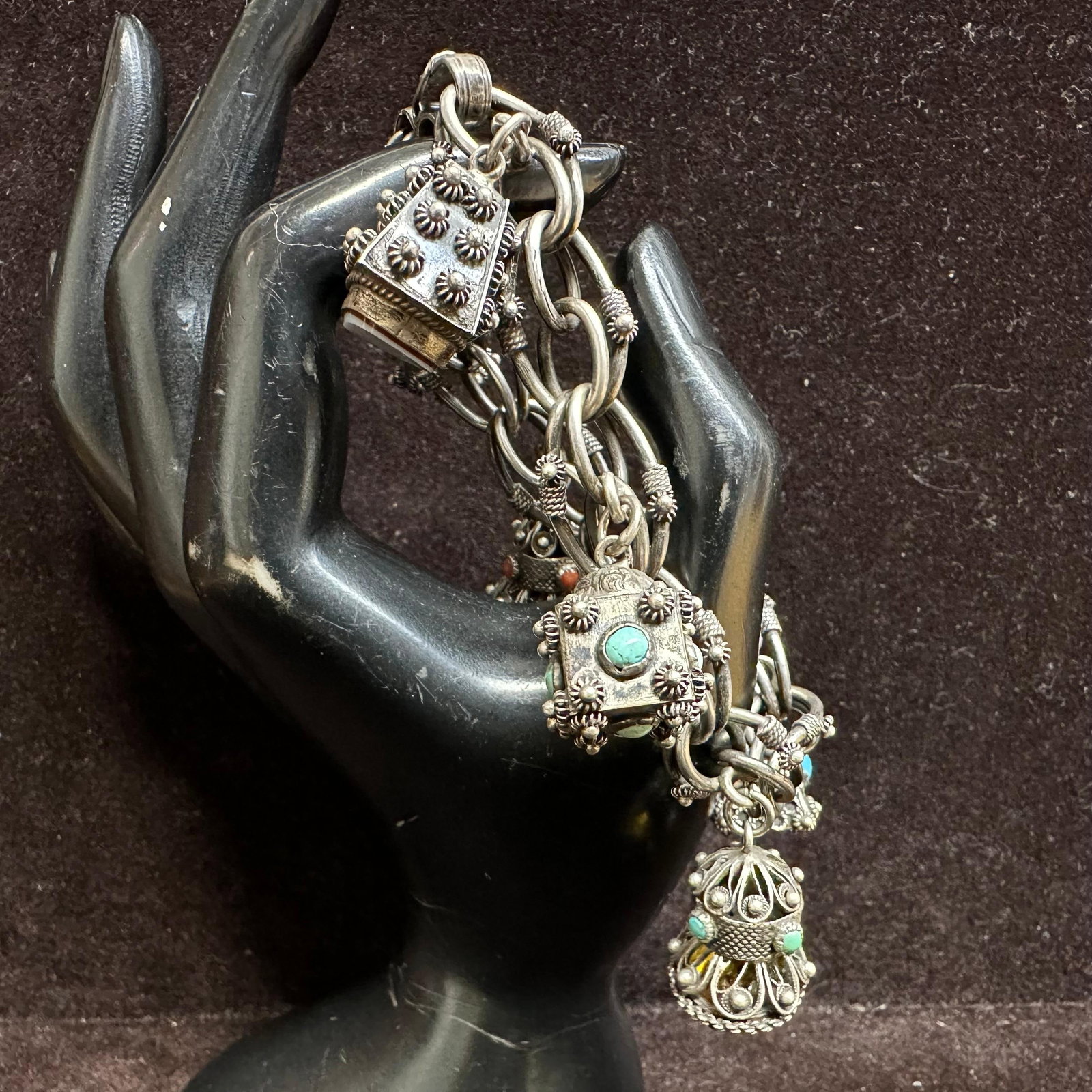 Faux and Natural Stone Six Charm Silver Victorian Etruscan Style Bracelet T3: This item is in good pre-owned, previously used/displayed condition with noticeable light wear and surface scratches. Please reference all photos for full details. This piece of jewelry has been teste