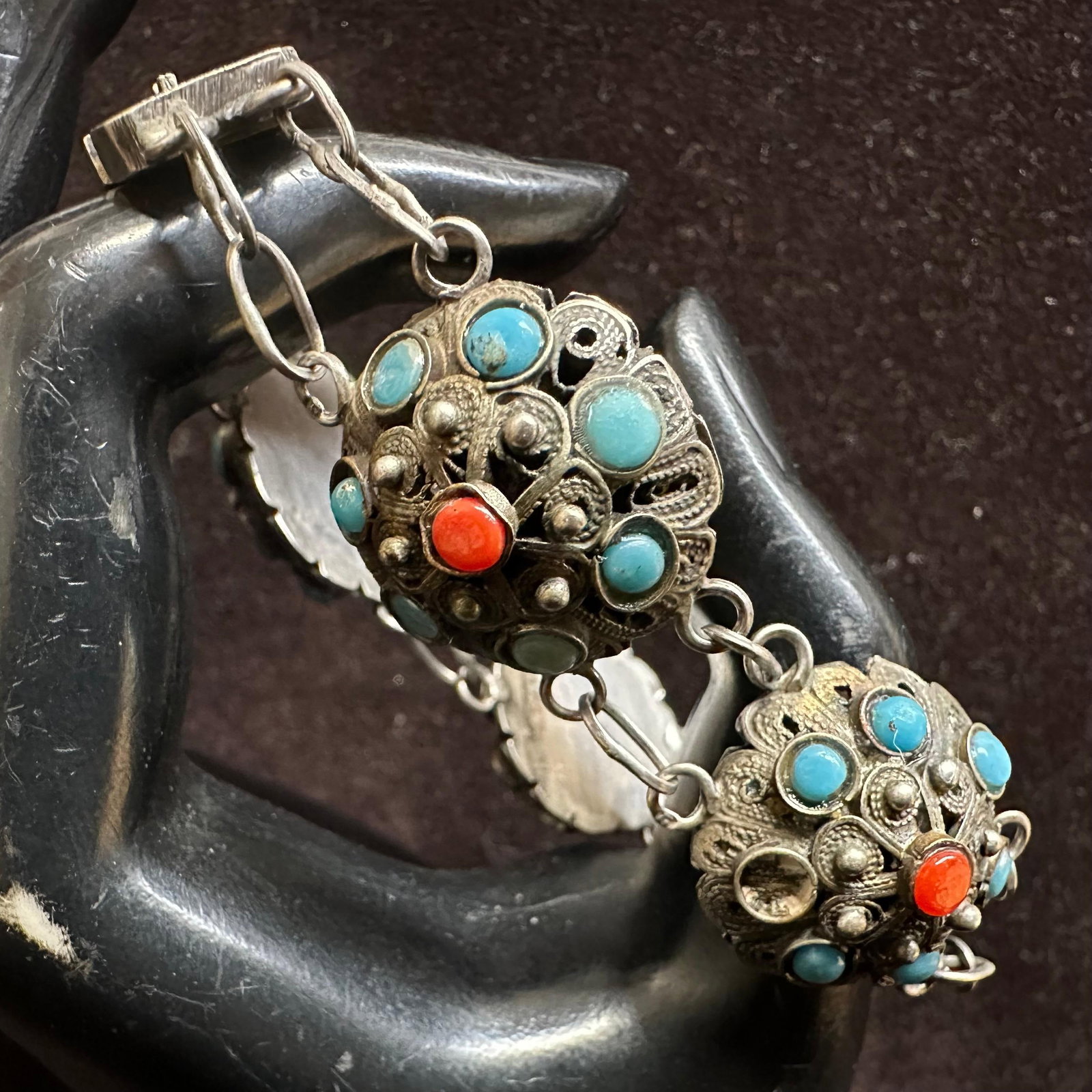 Turquoise and Coral Stone Filigree Silverwork Silver Bracelet Mexican Matl Style: This item is in good pre-owned, previously used/displayed condition with noticeable light wear and surface scratches. Please reference all photos for full details. This piece of jewelry has been teste